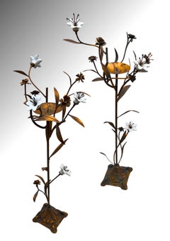 Pair of Italian Mid-Century Floral Candlesticks in Patinated Steel and Porcelain