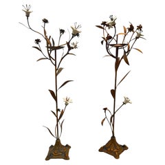 Pair of Italian Mid-Century Floral Candlesticks in Patinated Steel and Porcelain