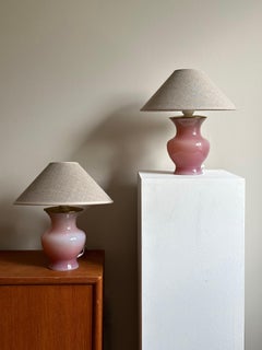 Pair of Italian Mid-Century Fratelli Ferro Pink Opaline Murano Glass Table Lamps