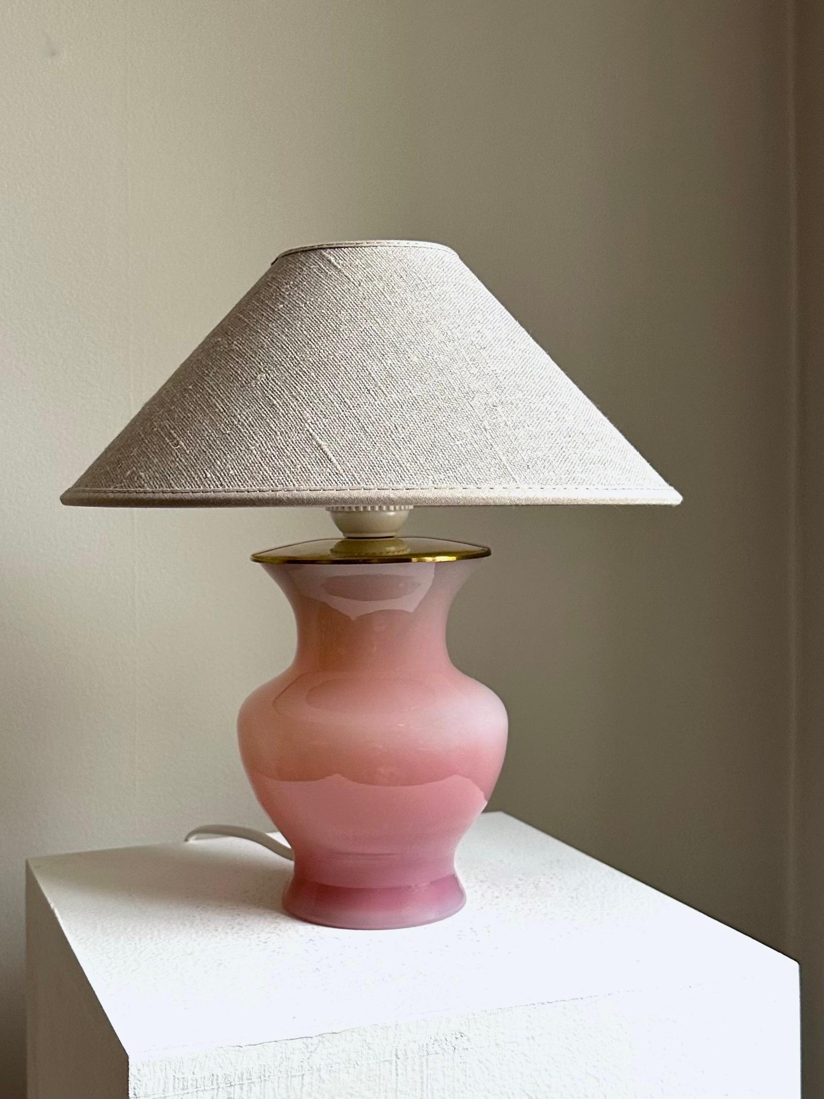 Brass Pair of Italian Mid-Century Fratelli Ferro Pink Opaline Murano Glass Table Lamps