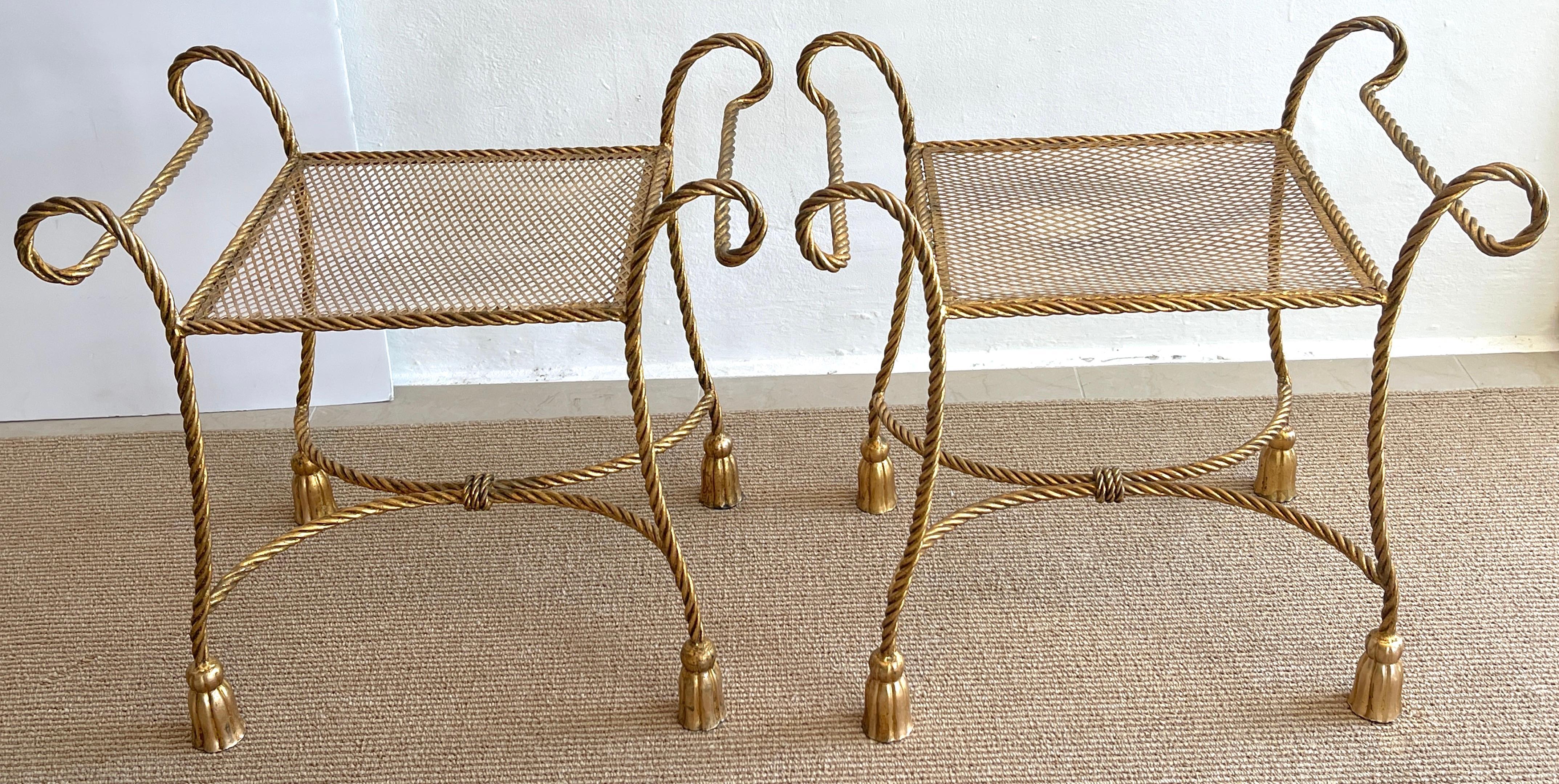 20th Century Pair of Italian Mid Century Gilt Meal Rope and Tassel Benches