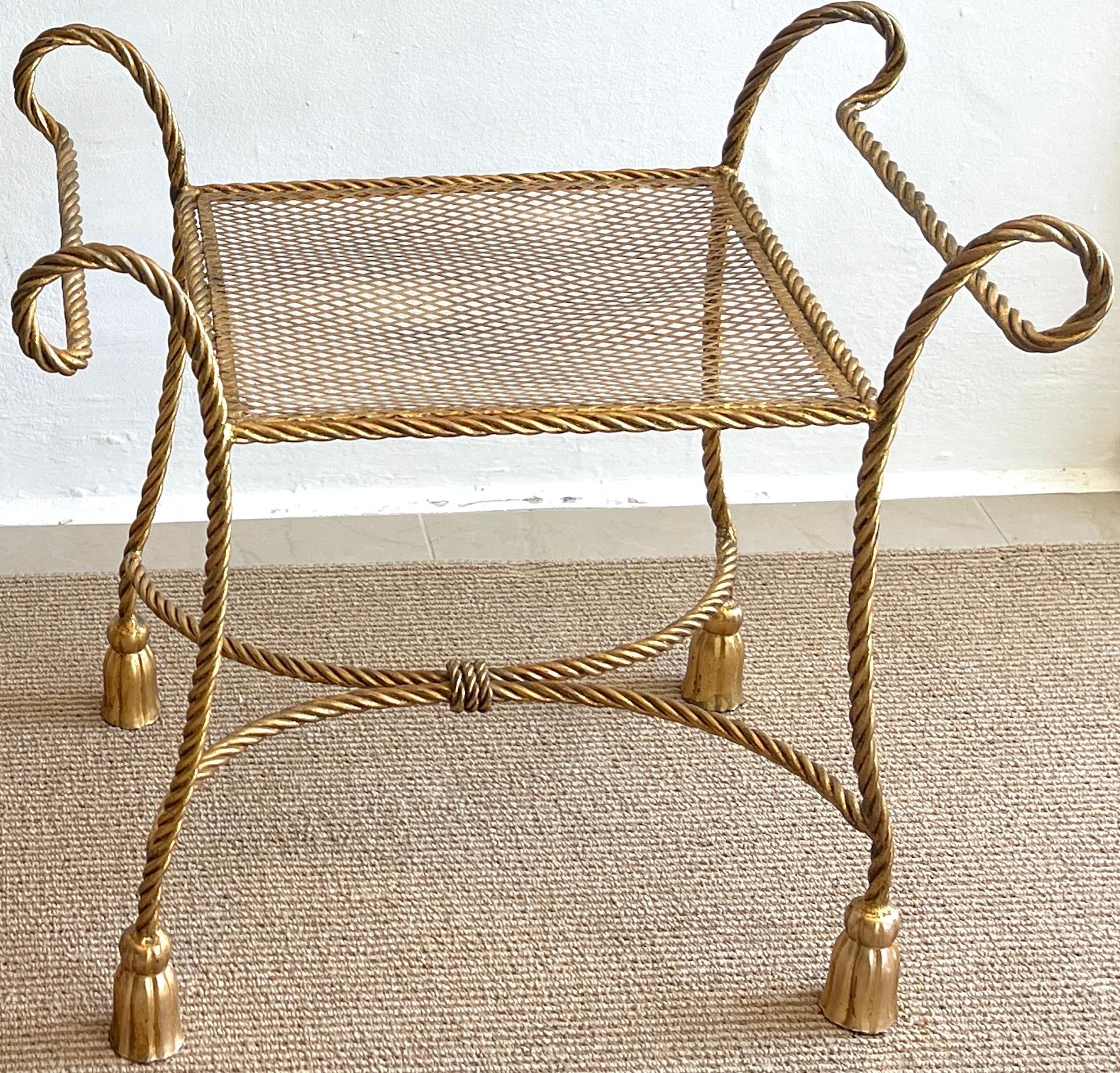 Metal Pair of Italian Mid Century Gilt Meal Rope and Tassel Benches