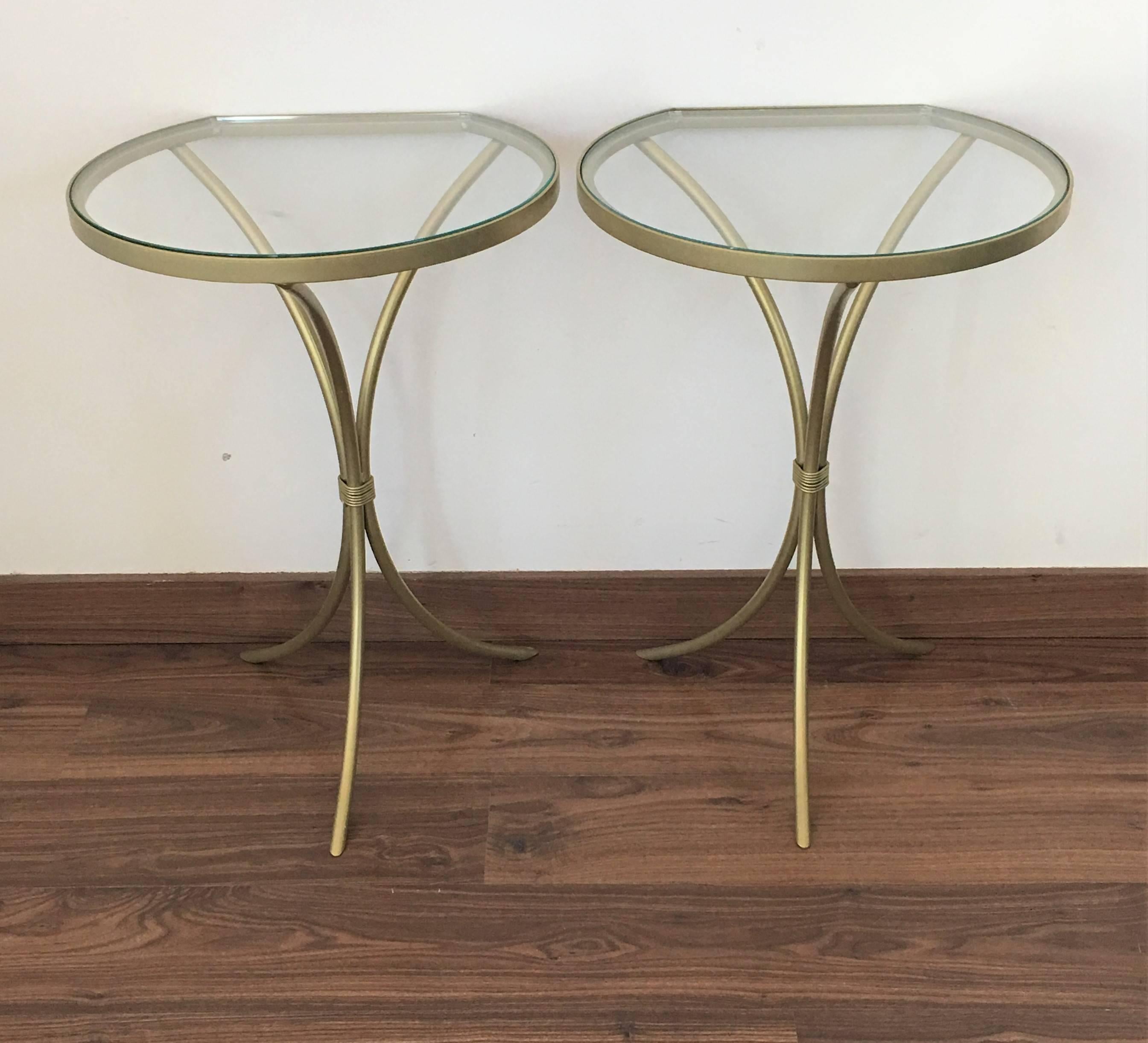 Contemporary Pair of Italian Midcentury Glass and Brass Tripod Side, End or Nightstands