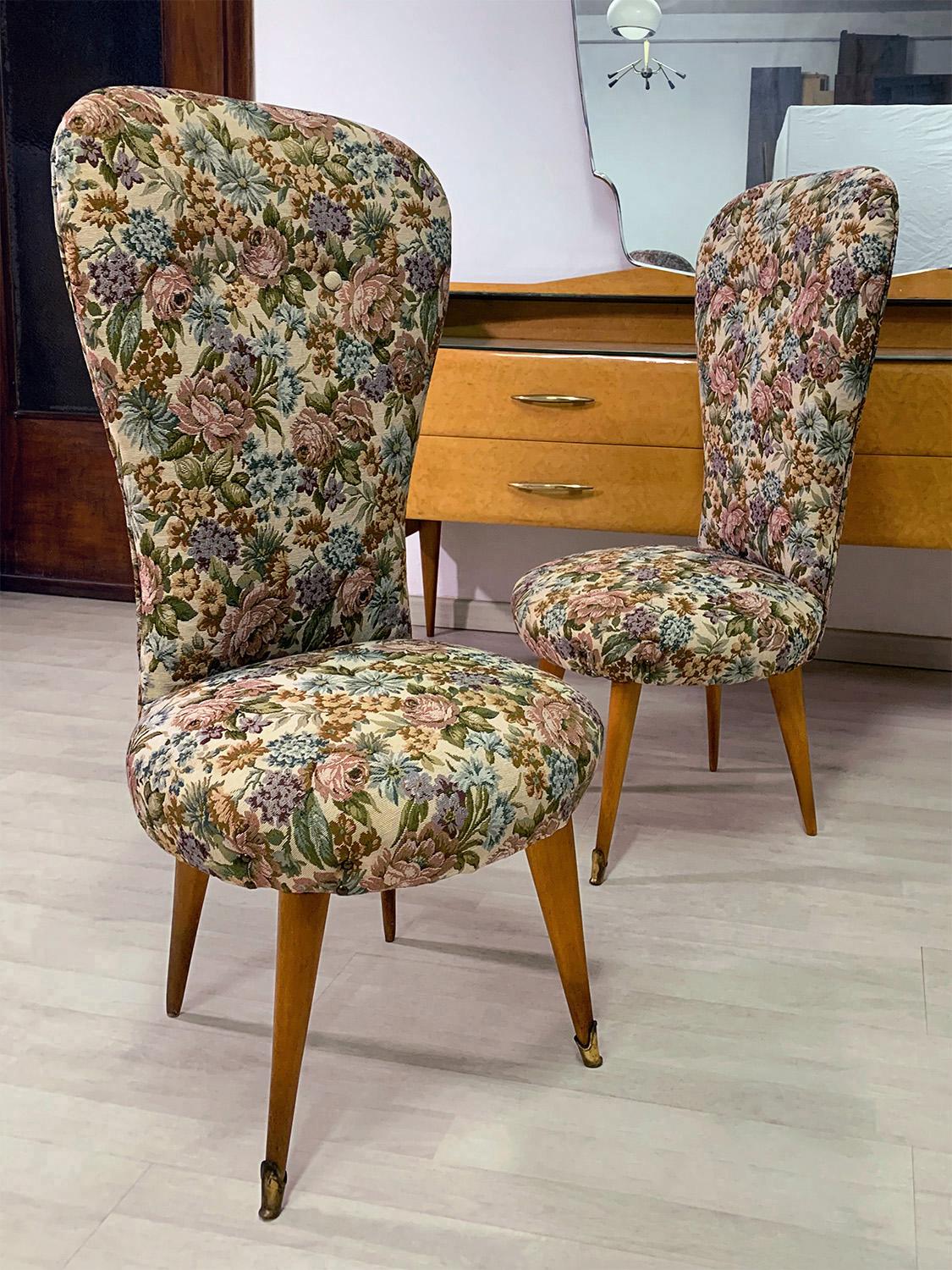 Brass Pair of Italian Mid-Century Gobelin Side Chairs Paolo Buffa style, 1950s