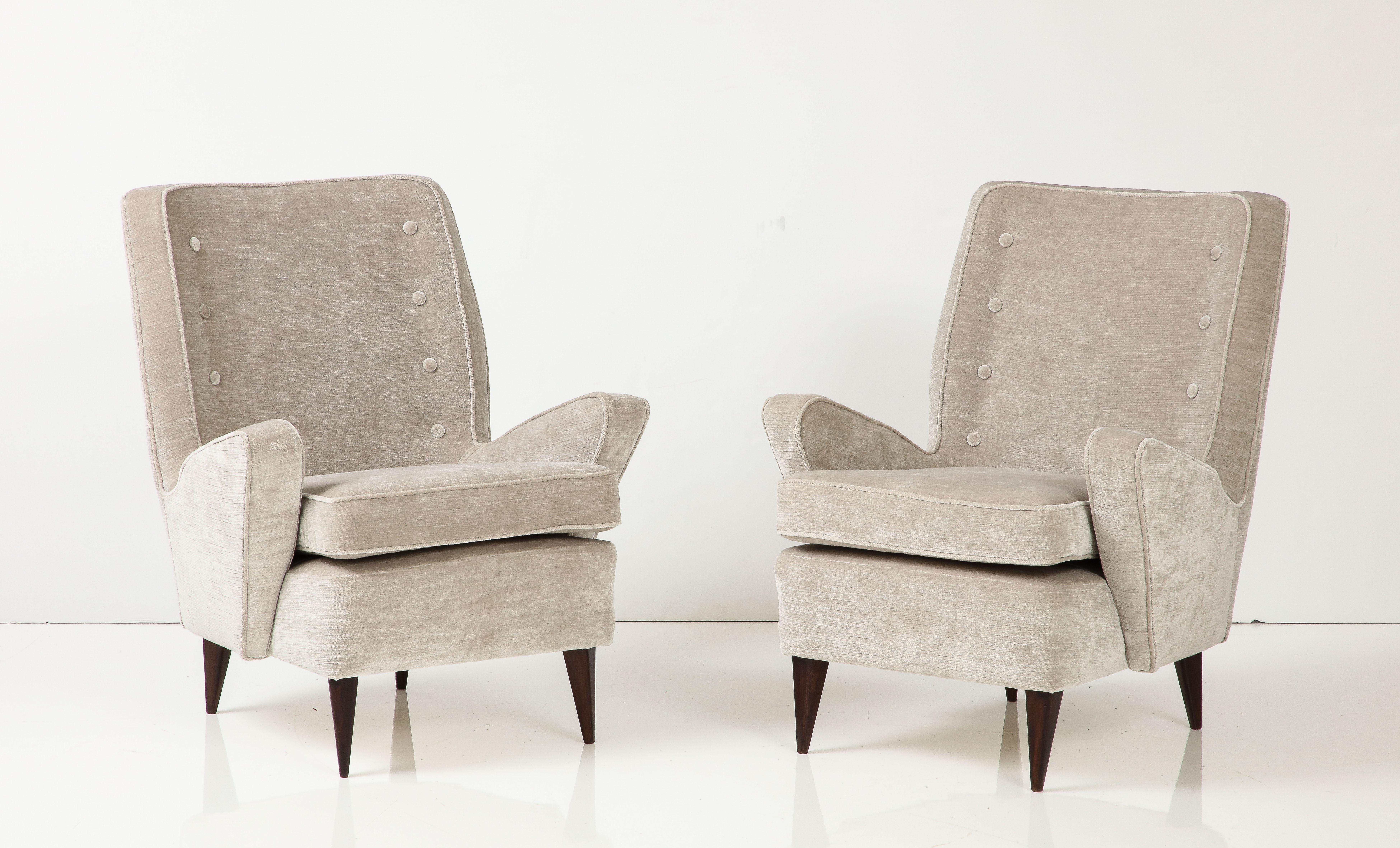 Wood Pair of Italian Midcentury Greige Strie Velvet Upholstered Lounge Chairs
