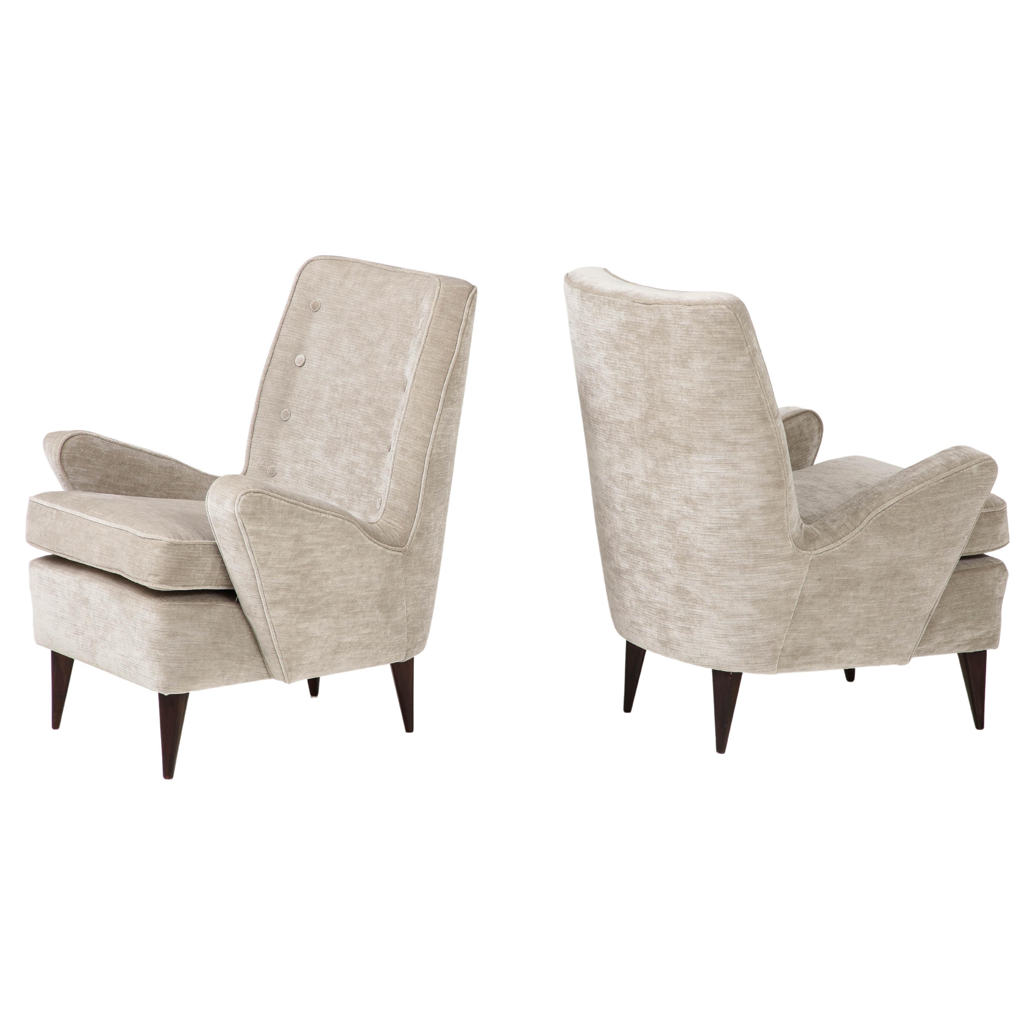 Pair of Italian Midcentury Greige Strie Velvet Upholstered Lounge Chairs