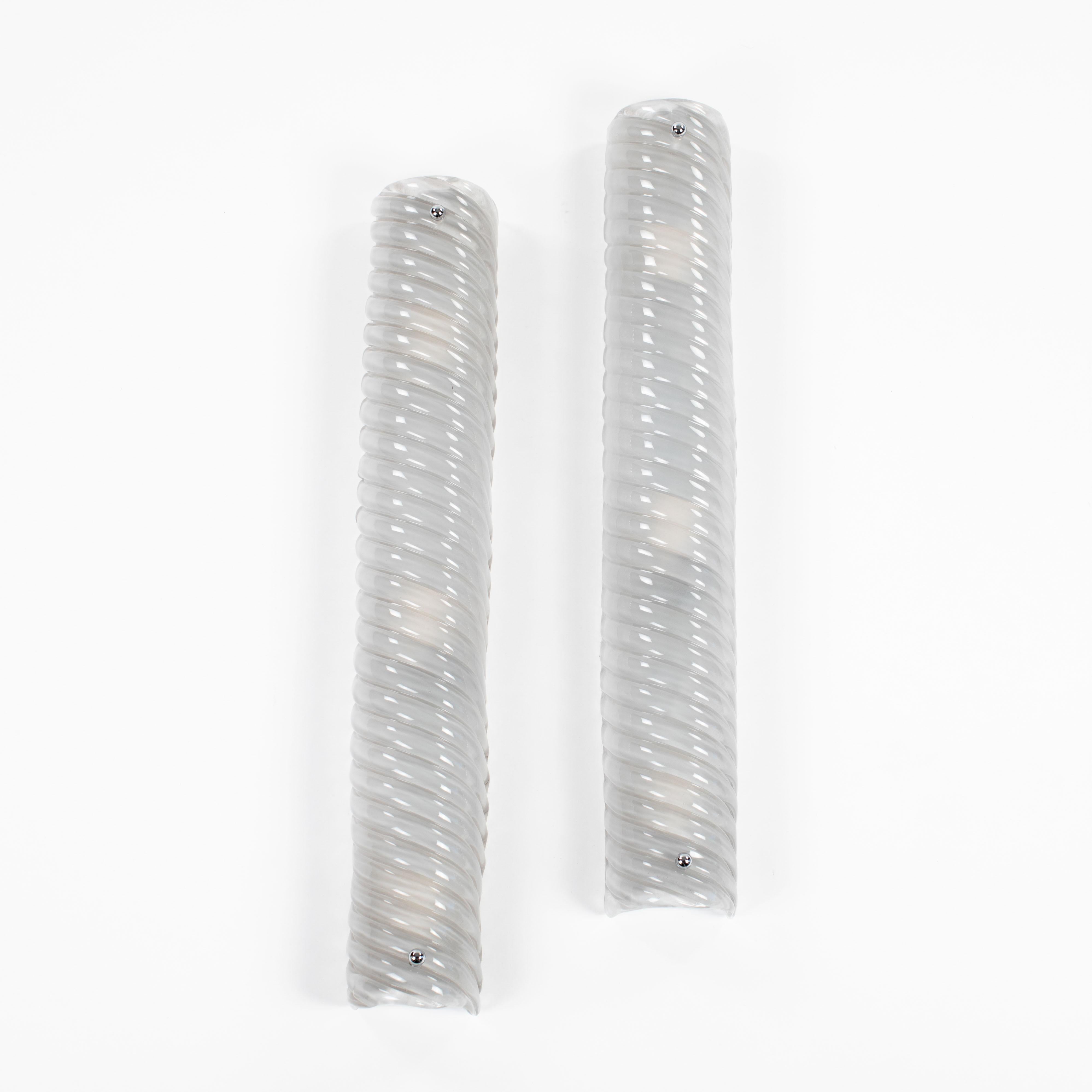 Mid-Century Modern Pair of Italian Mid-Century Grey-Nickel Ribbed Murano Glass Wall Sonces 1980s For Sale