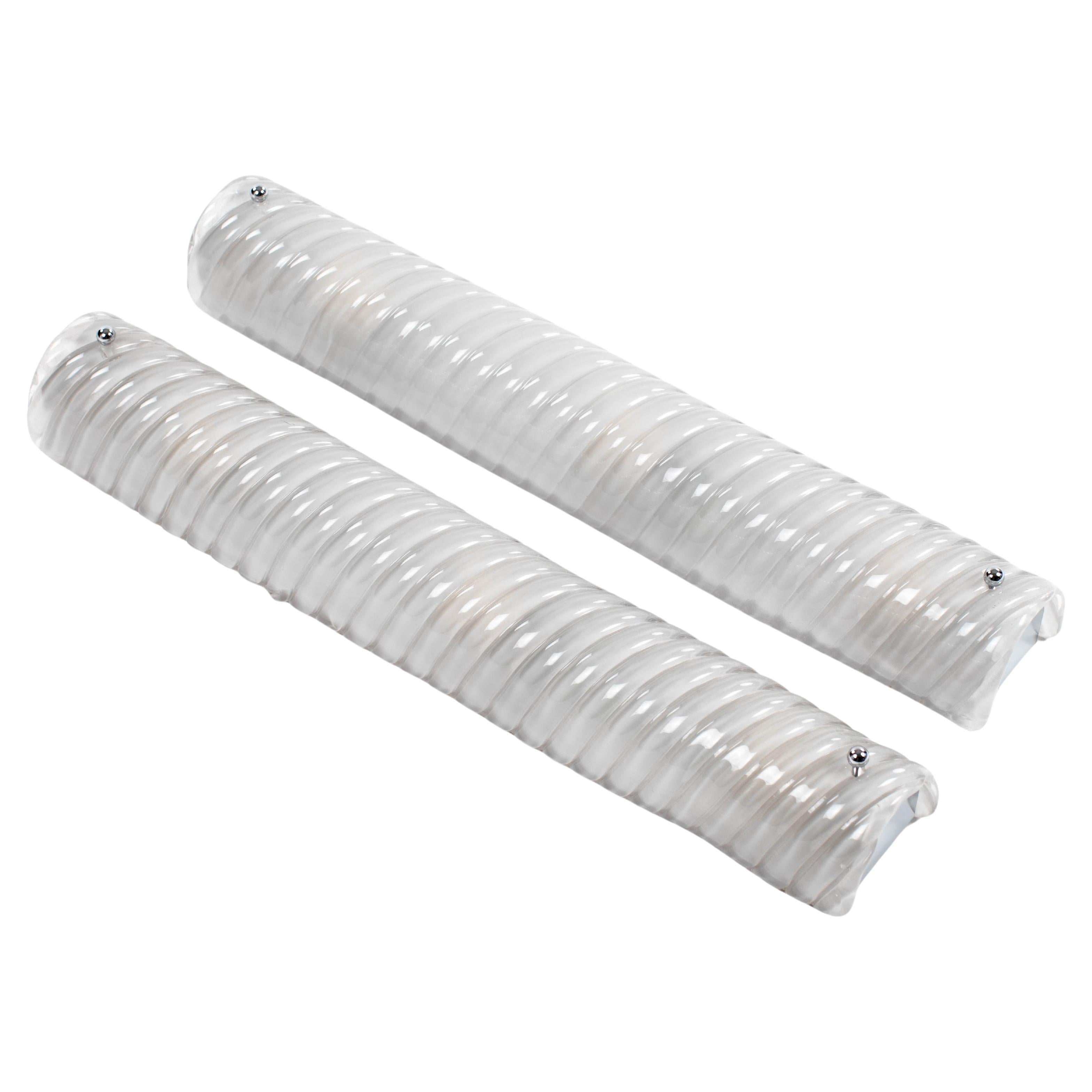 Pair of Italian Mid-Century Grey-Nickel Ribbed Murano Glass Wall Sonces 1980s For Sale