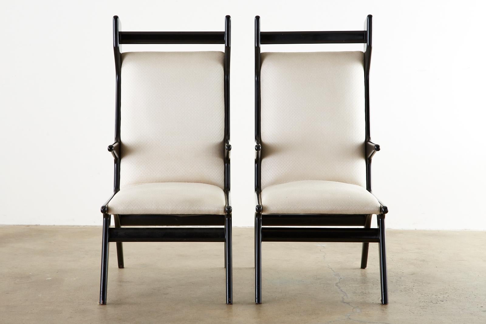 Ebonized Pair of Italian Ico Parisi Style Midcentury Lacquered Wing Chairs