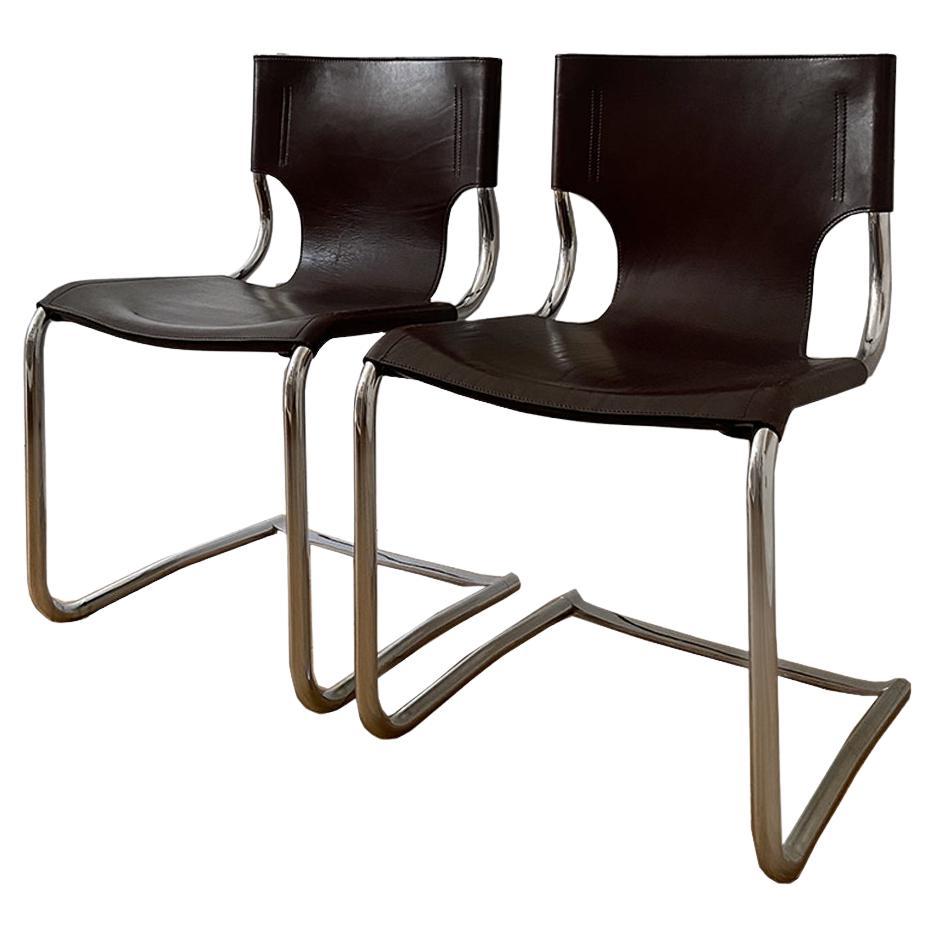 Pair of Italian Mid Century Leather Dining/Office Chairs by Carlo Bartoli For Sale