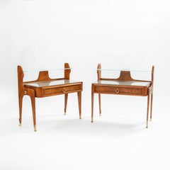 Pair of Italian Mid-Century Light Footed Bed Side Tables Elm-Glass-Brass 1950s