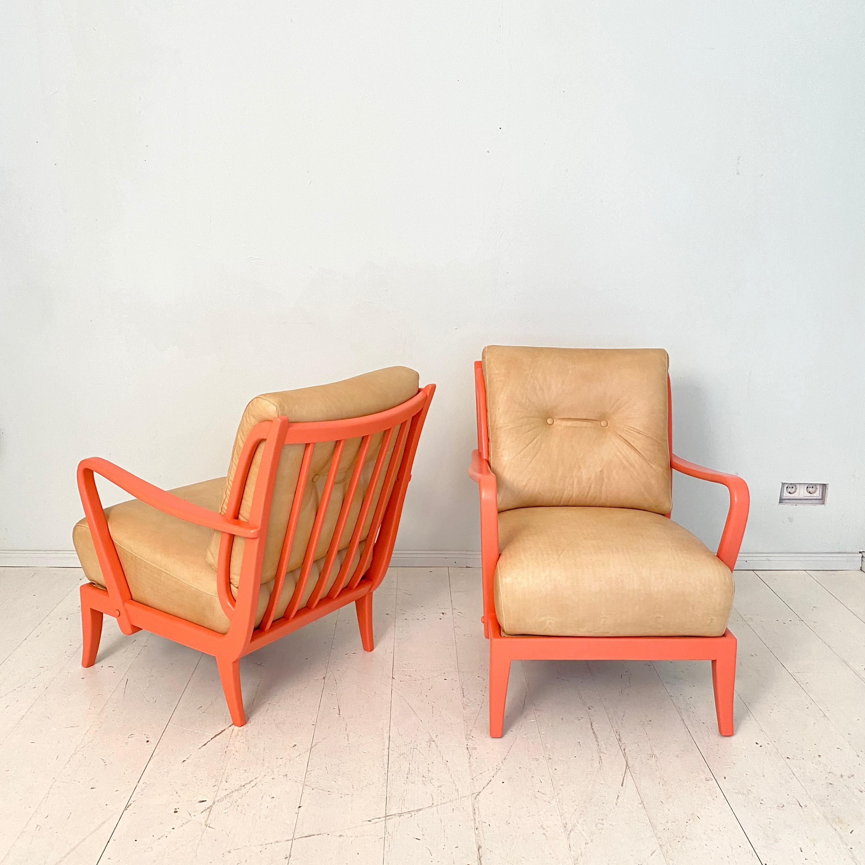 Pair of Italian Mid Century Lounge Chairs in Coral Color and Beige Leather, 1950 2
