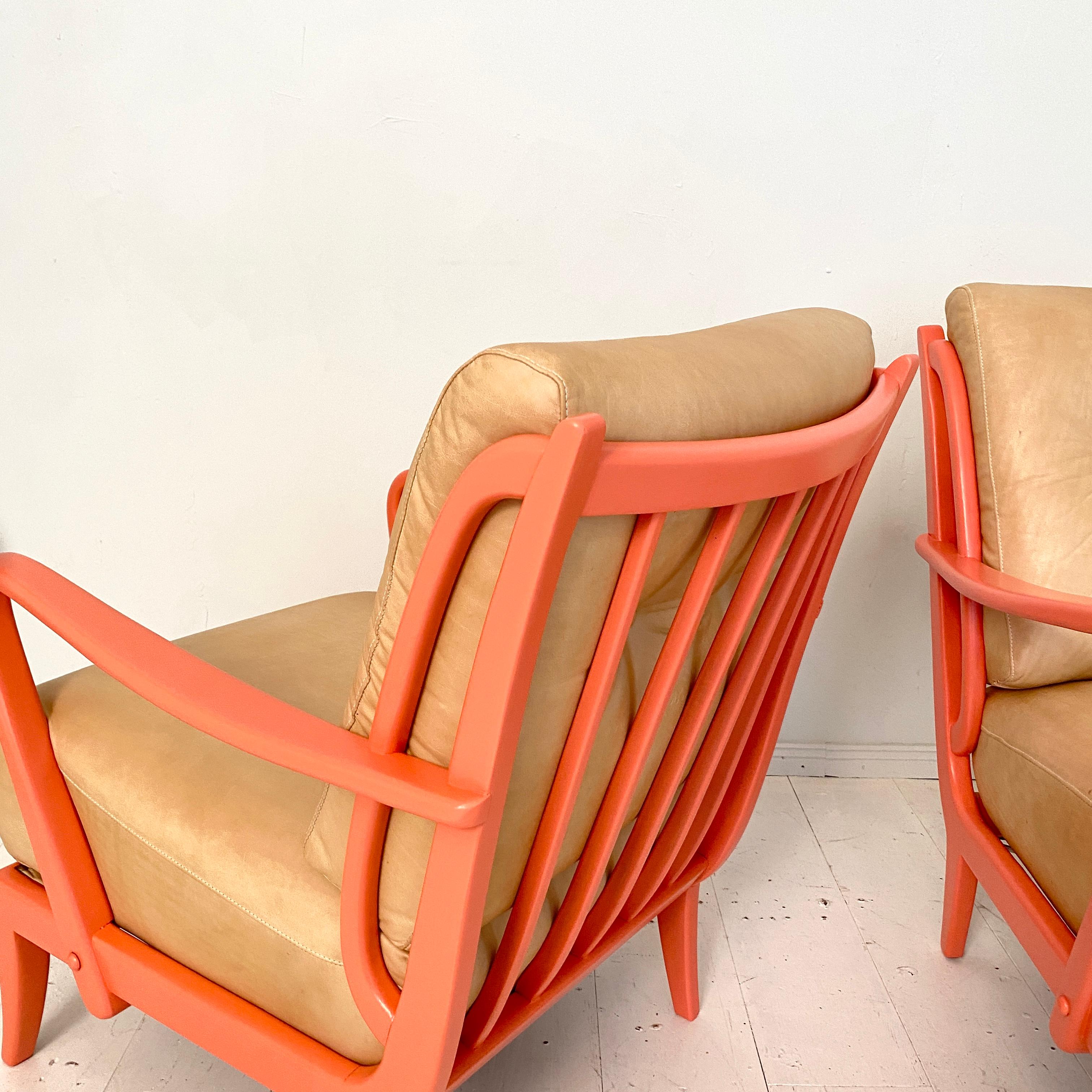 Pair of Italian Mid Century Lounge Chairs in Coral Color and Beige Leather, 1950 3