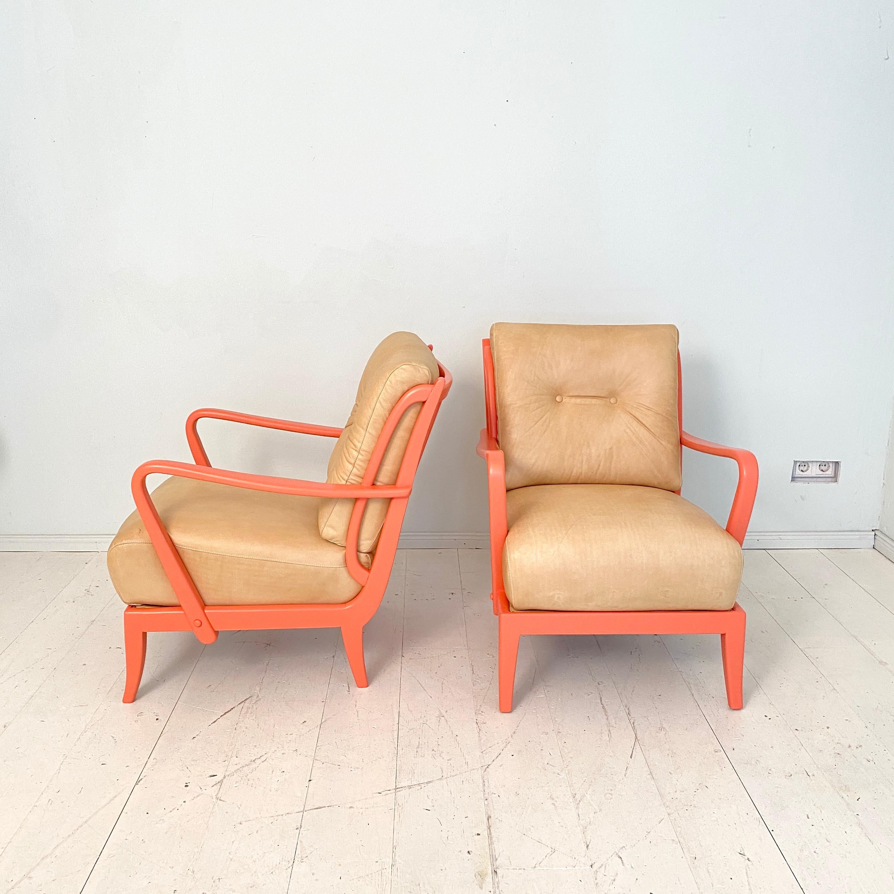 Pair of Italian Mid Century Lounge Chairs in Coral Color and Beige Leather, 1950 4