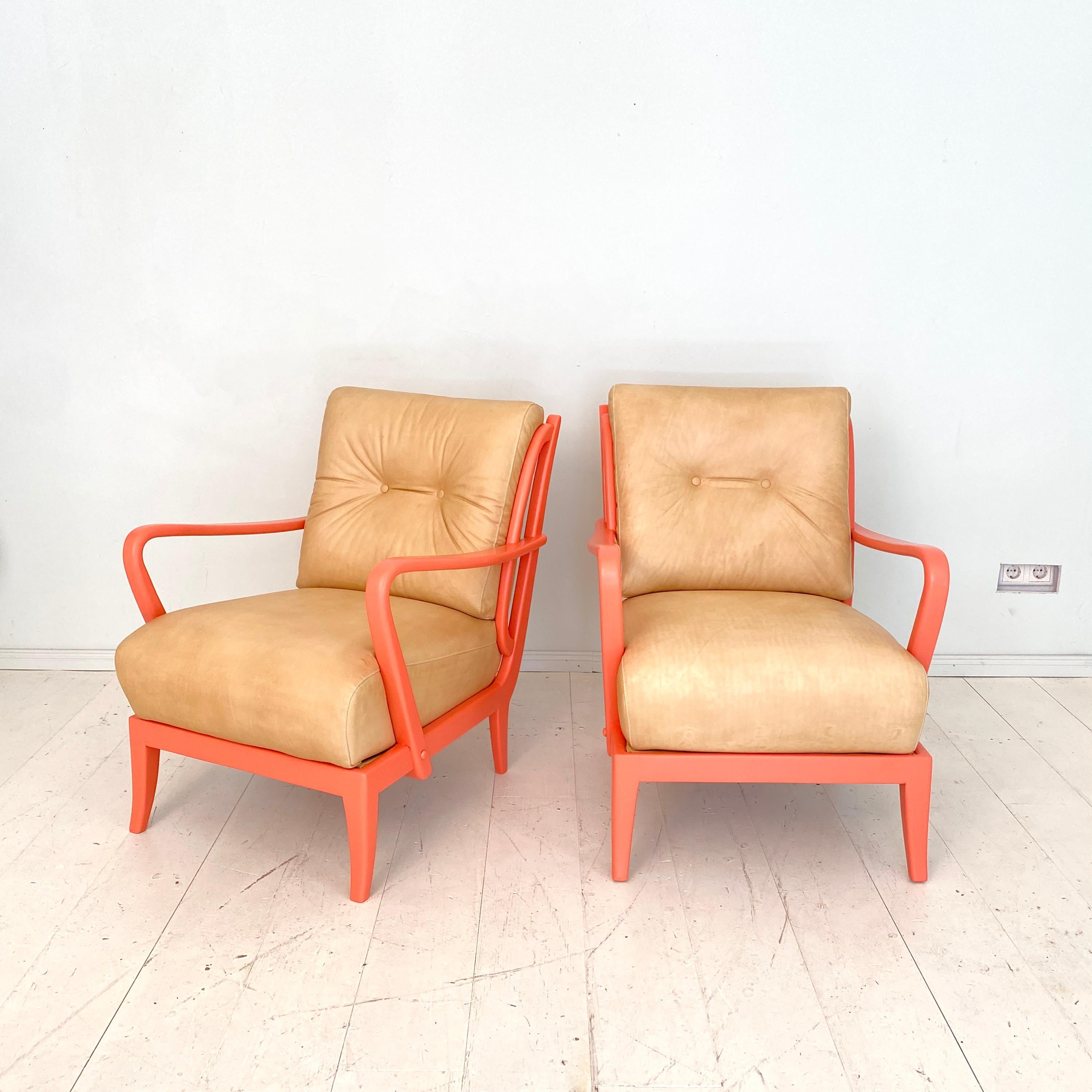 Pair of Italian Mid Century Lounge Chairs in Coral Color and Beige Leather, 1950 5