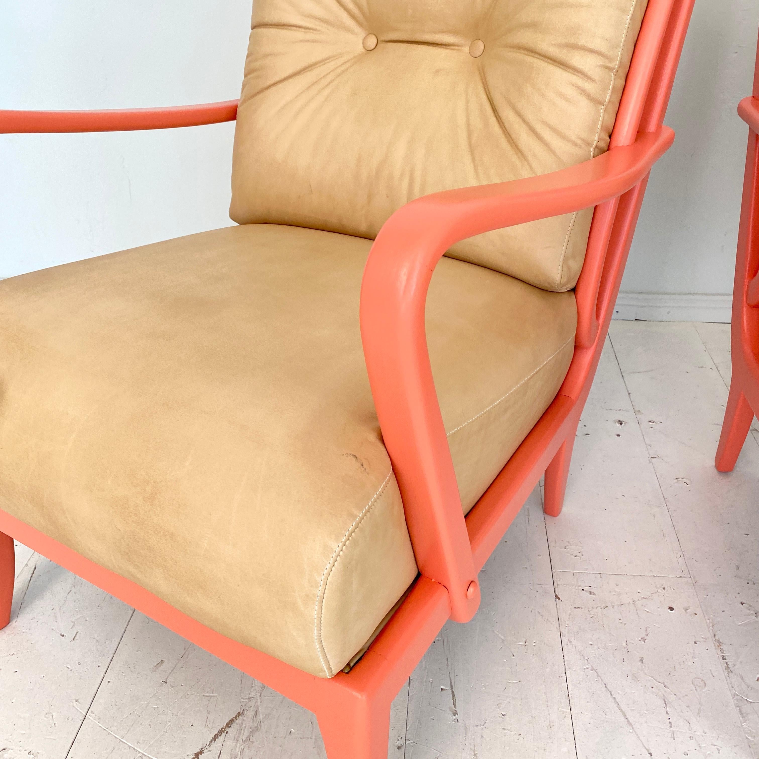 Pair of Italian Mid Century Lounge Chairs in Coral Color and Beige Leather, 1950 6