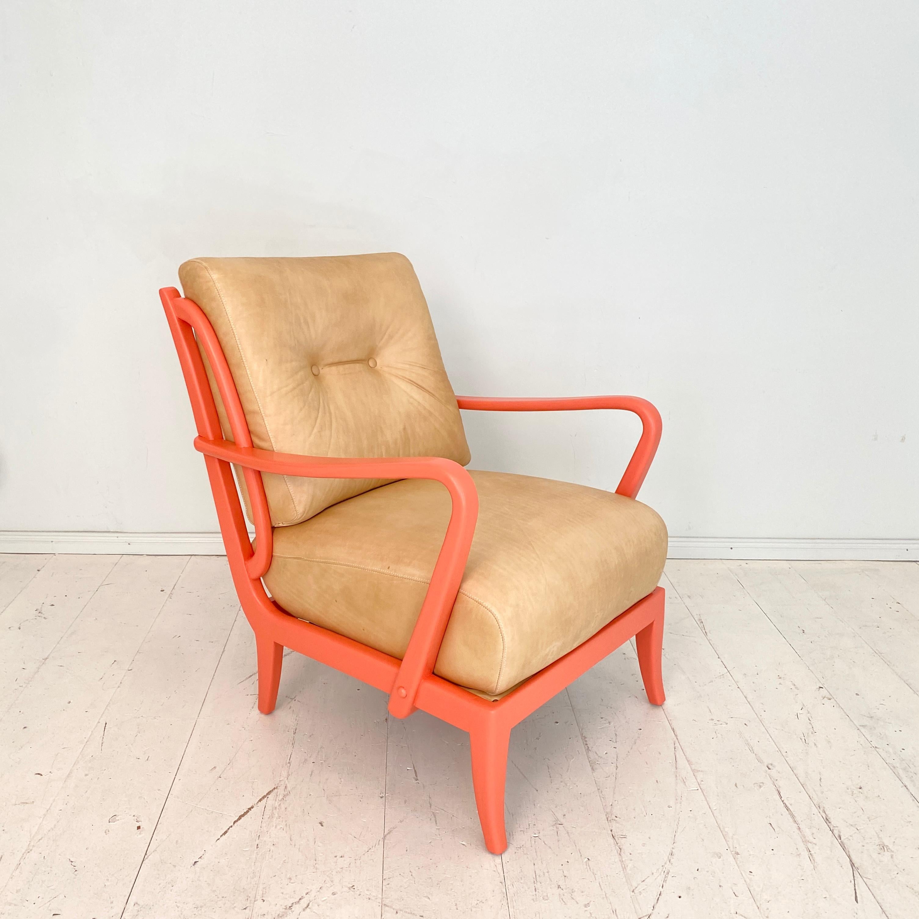Pair of Italian Mid Century Lounge Chairs in Coral Color and Beige Leather, 1950 8