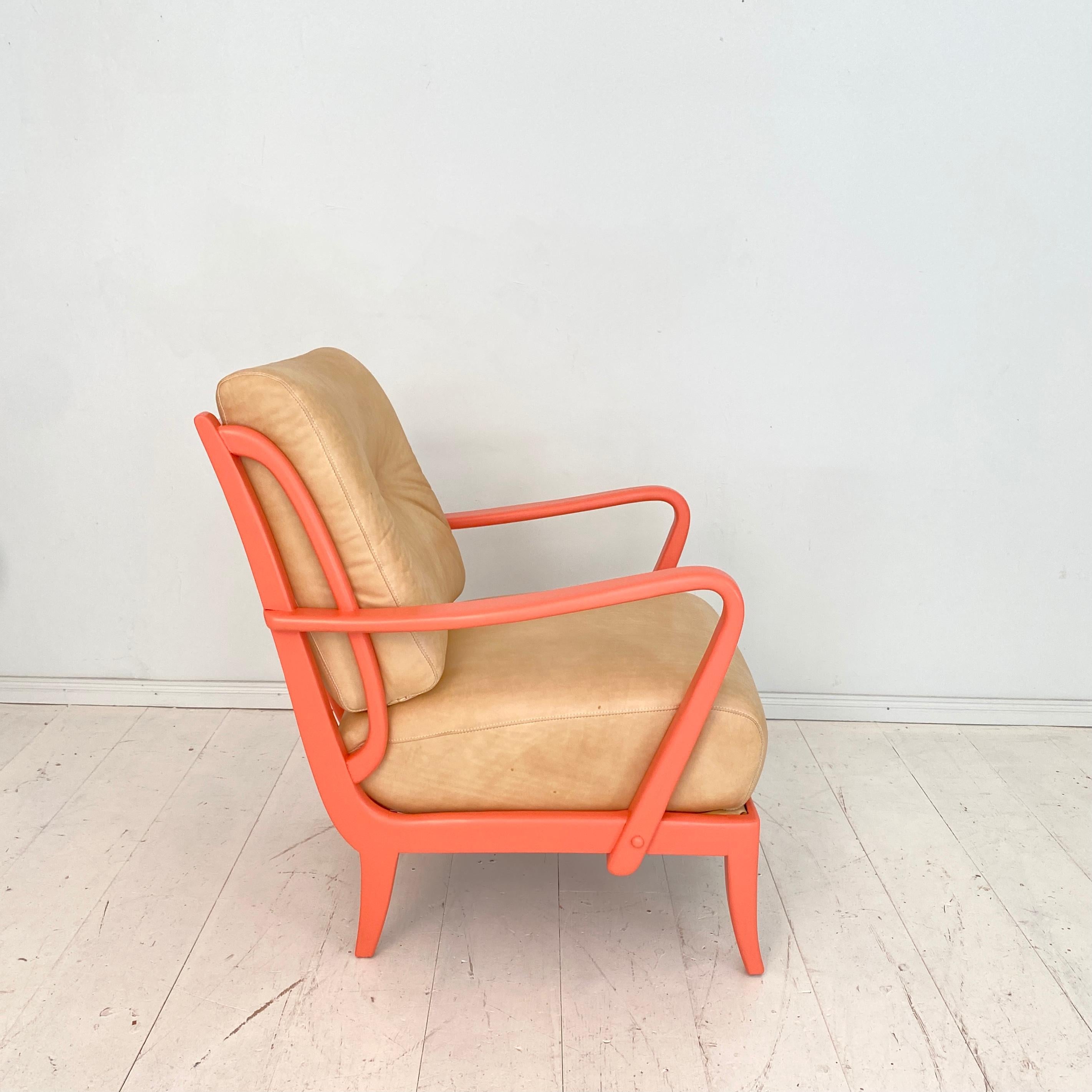 Pair of Italian Mid Century Lounge Chairs in Coral Color and Beige Leather, 1950 9