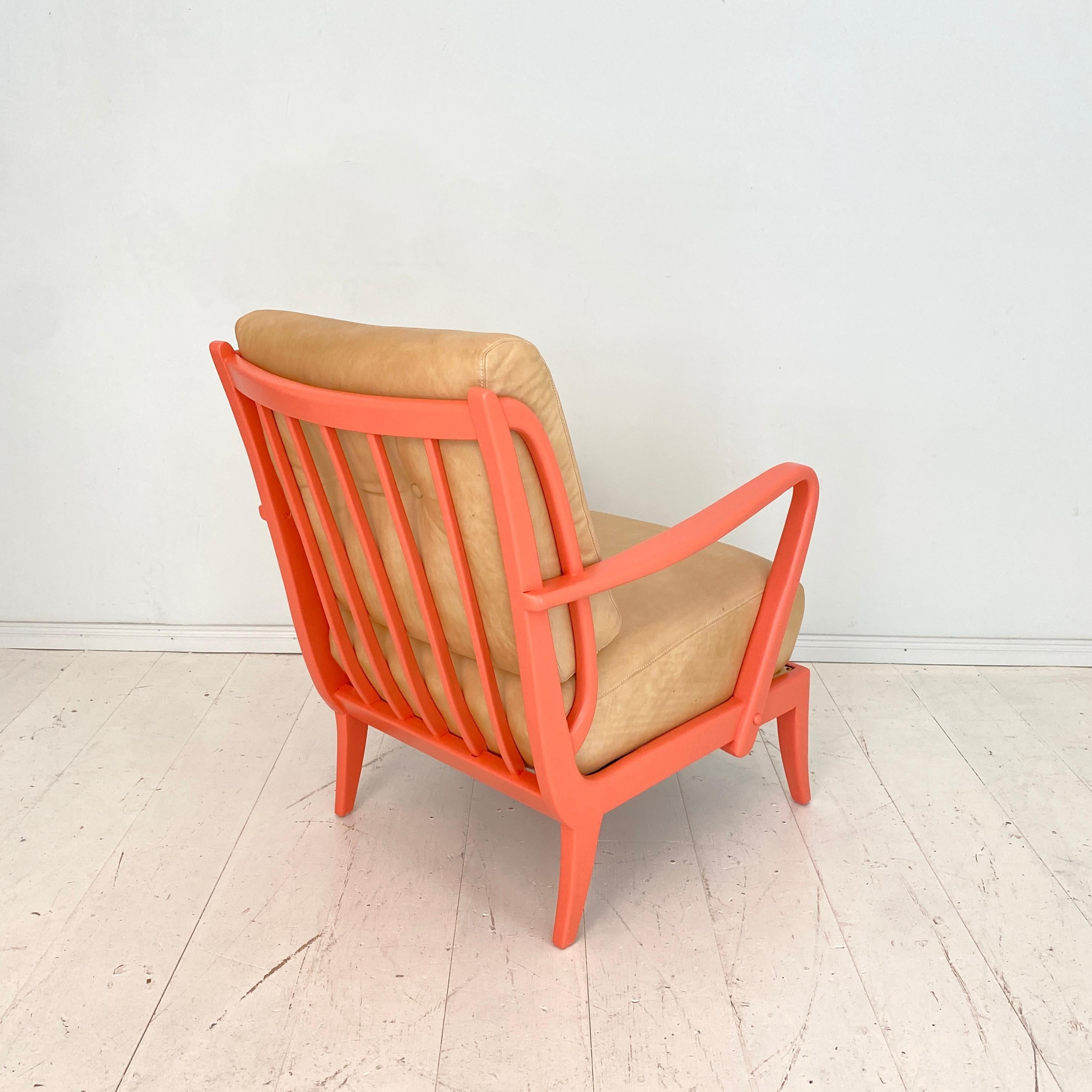 Pair of Italian Mid Century Lounge Chairs in Coral Color and Beige Leather, 1950 10