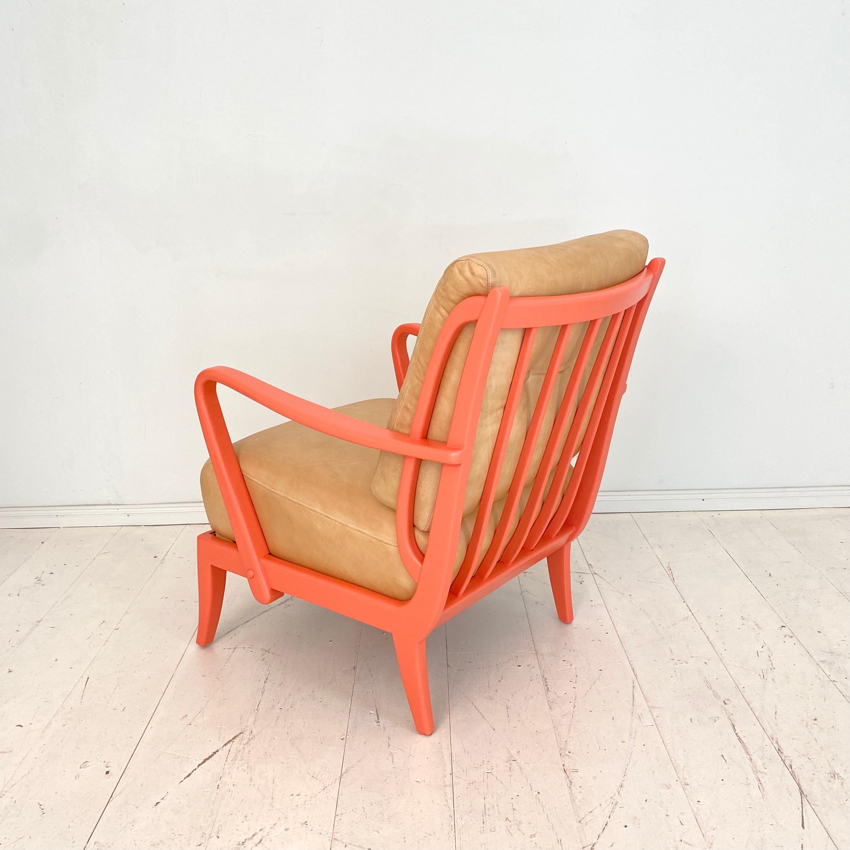 Pair of Italian Mid Century Lounge Chairs in Coral Color and Beige Leather, 1950 12