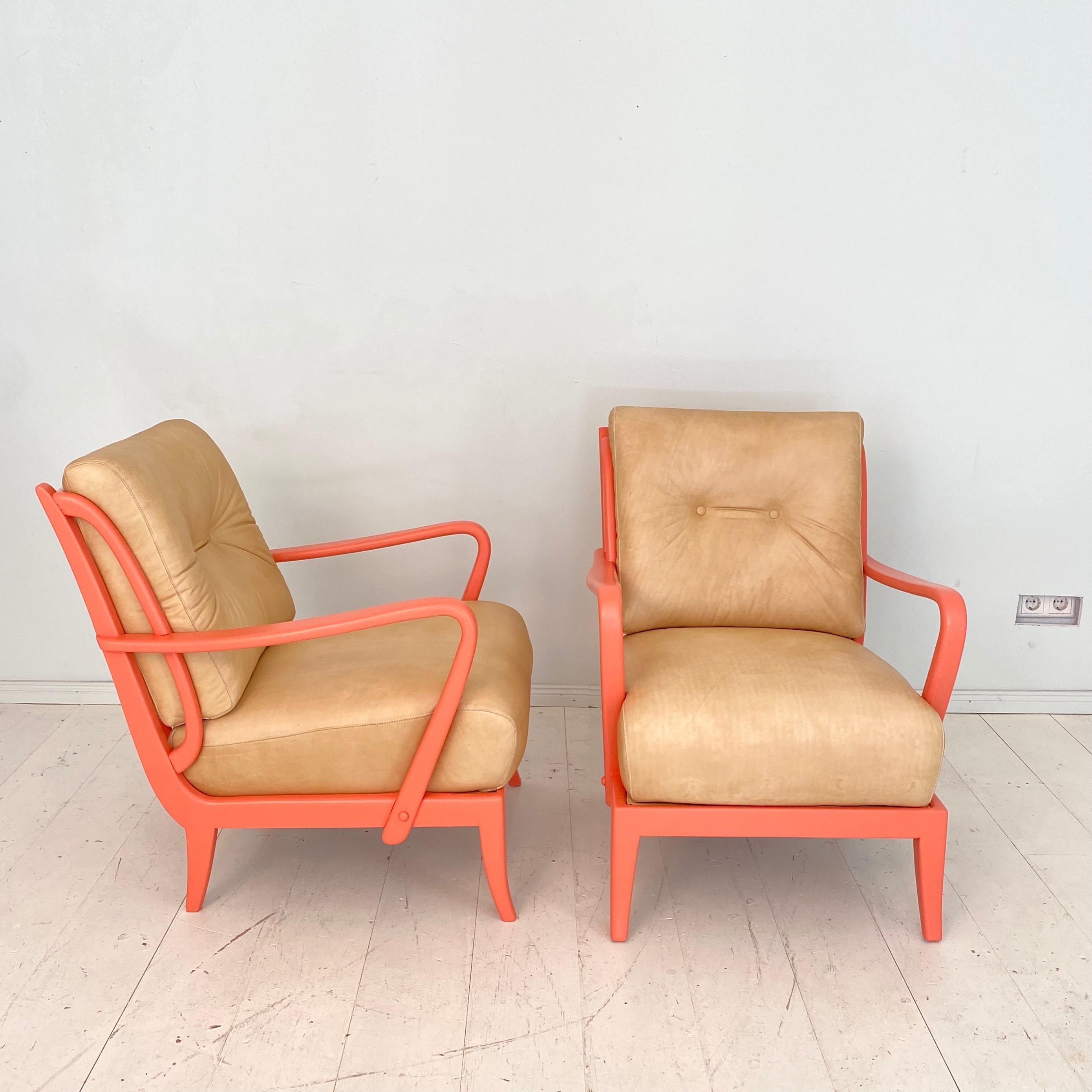 Mid-Century Modern Pair of Italian Mid Century Lounge Chairs in Coral Color and Beige Leather, 1950
