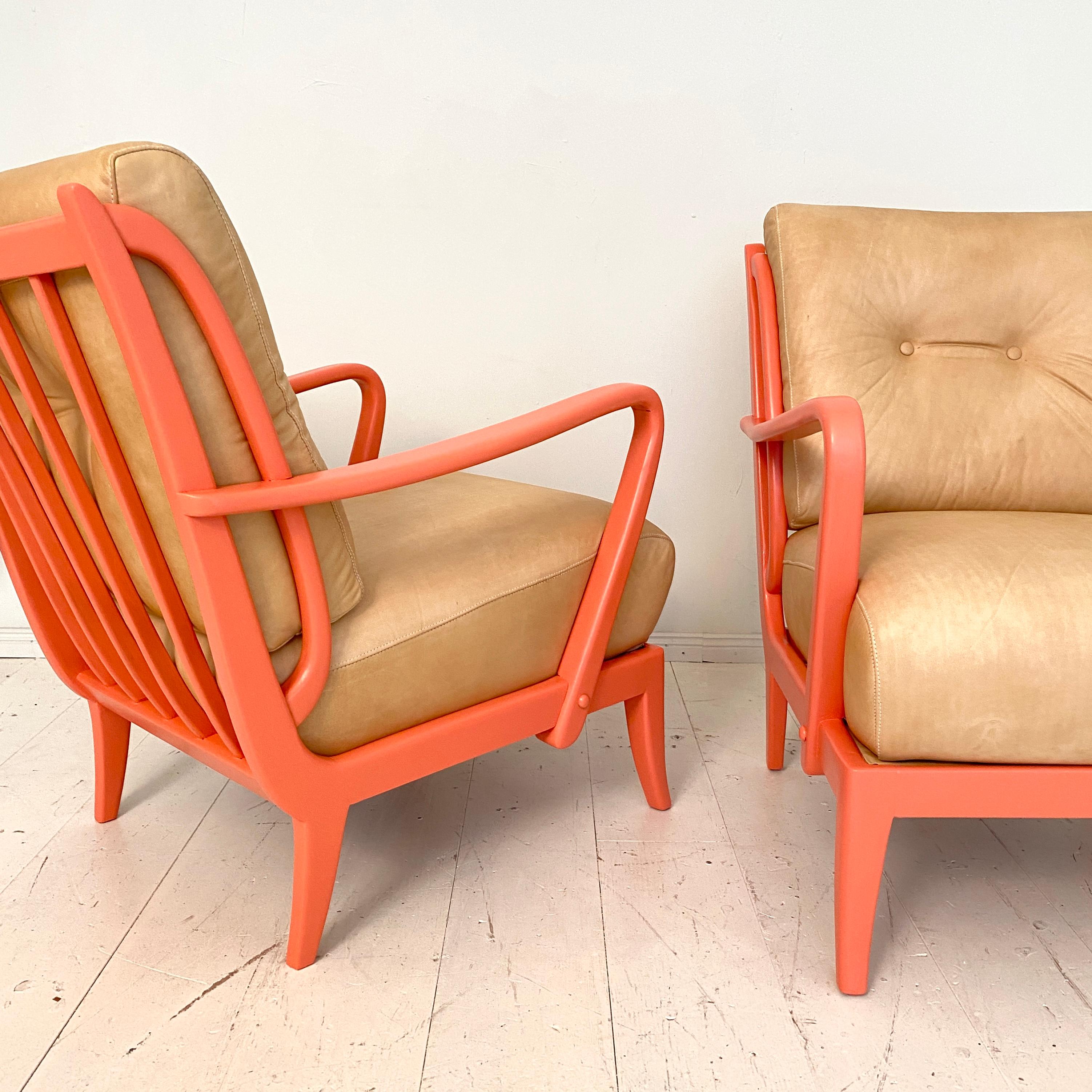 Mid-20th Century Pair of Italian Mid Century Lounge Chairs in Coral Color and Beige Leather, 1950