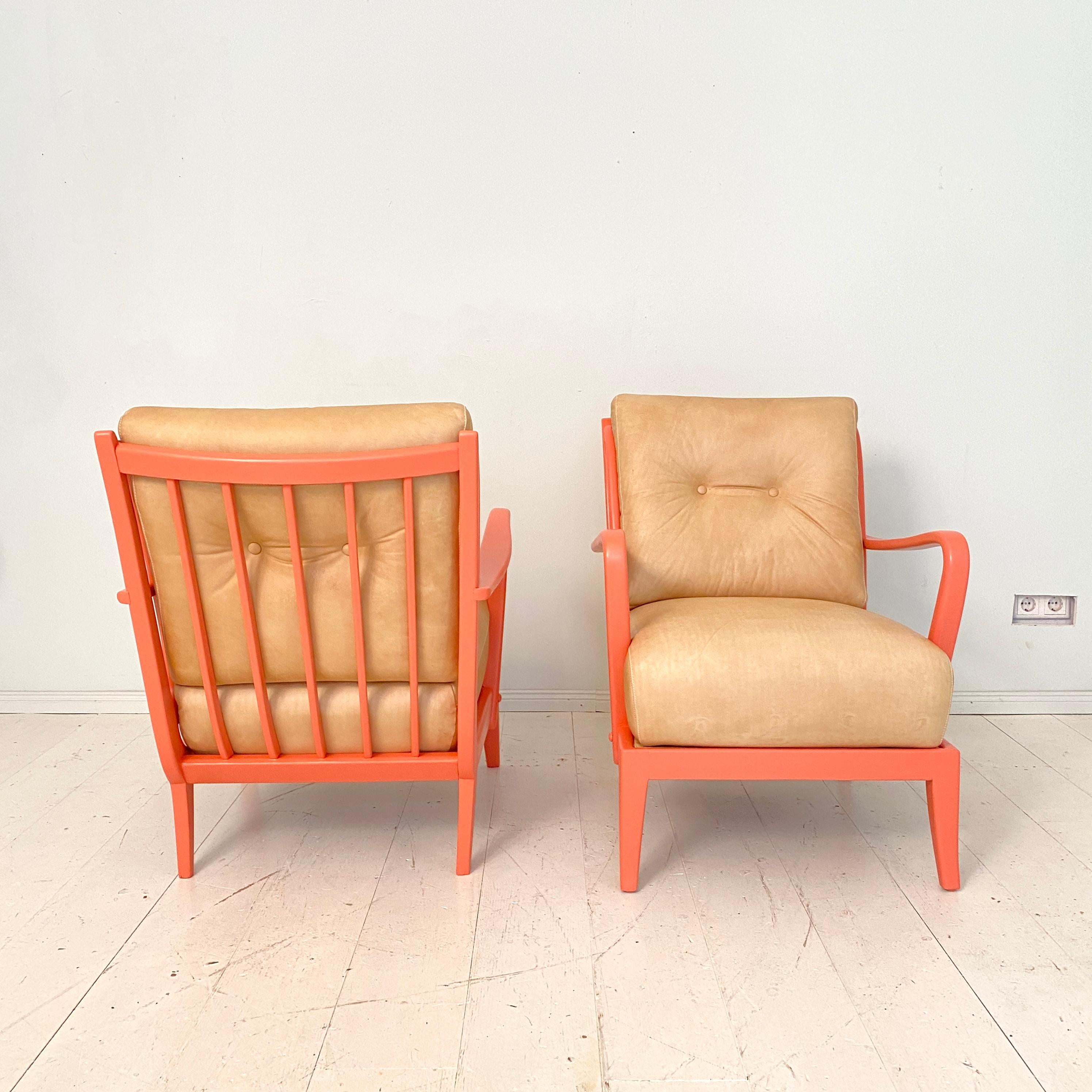 Pair of Italian Mid Century Lounge Chairs in Coral Color and Beige Leather, 1950 1
