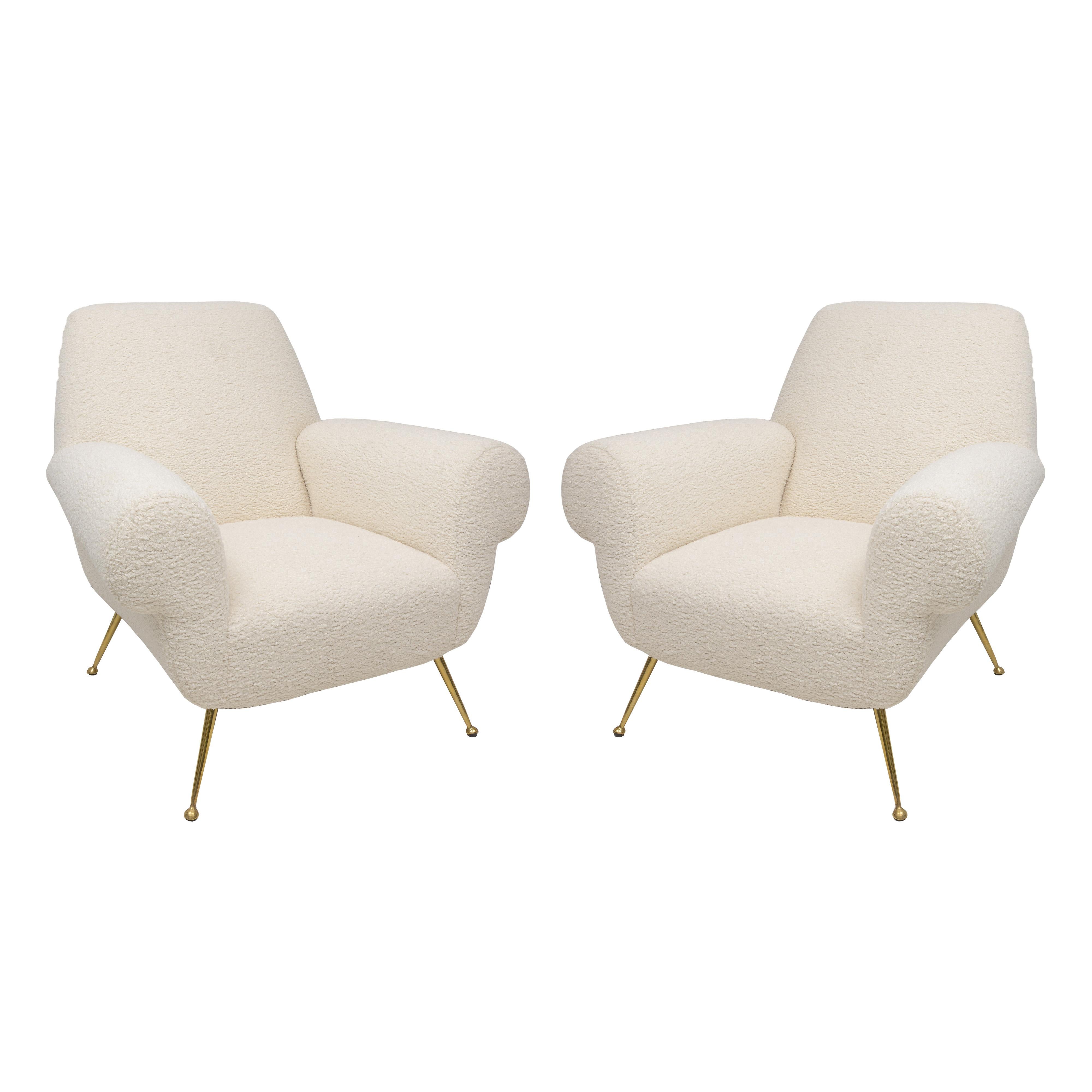 Pair of Italian-Mid-Century Lounge chairs Upholstered in Boucle. Set of 2.