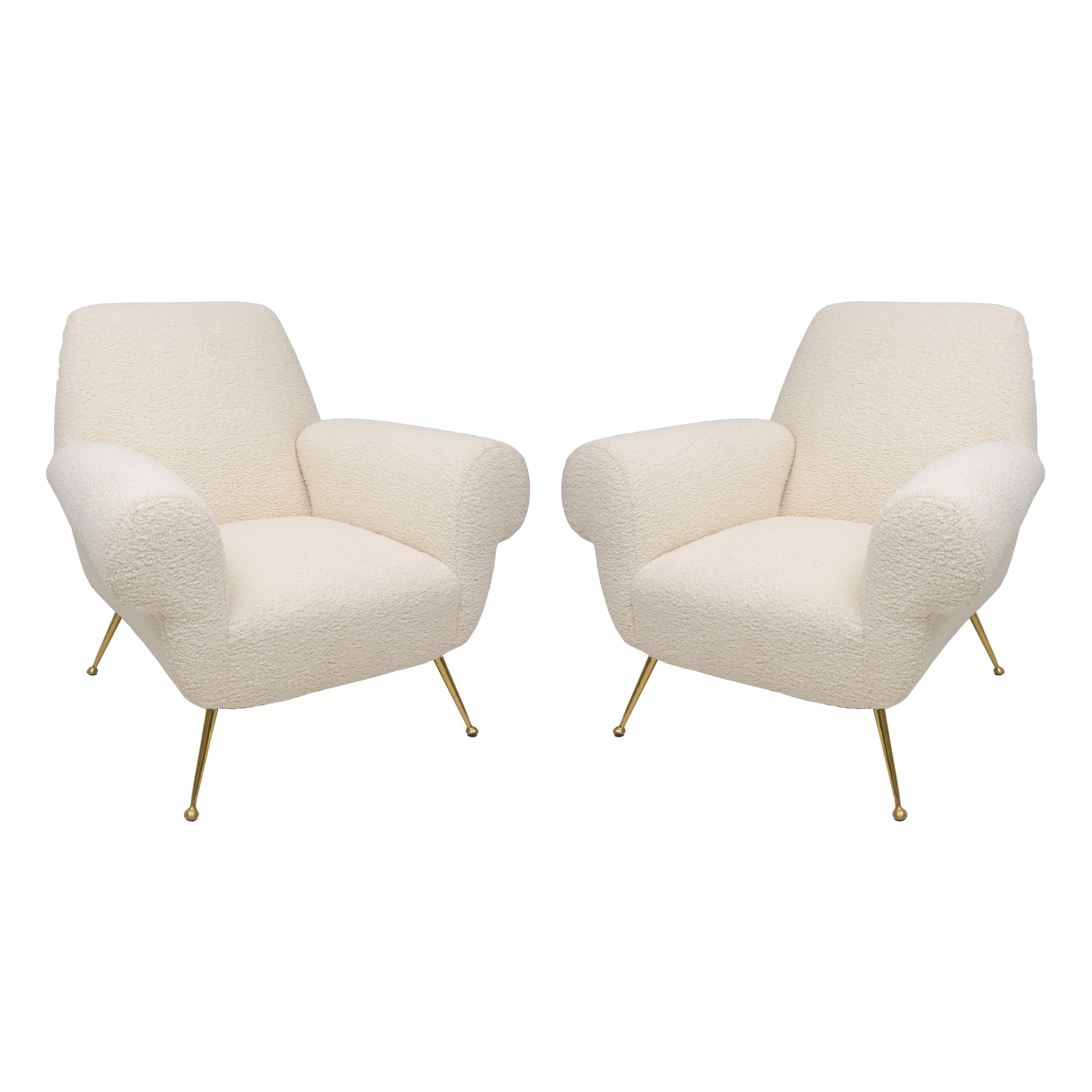 Pair of Italian-Mid-Century Lounge chairs Upholstered in Boucle. Set of 2.
