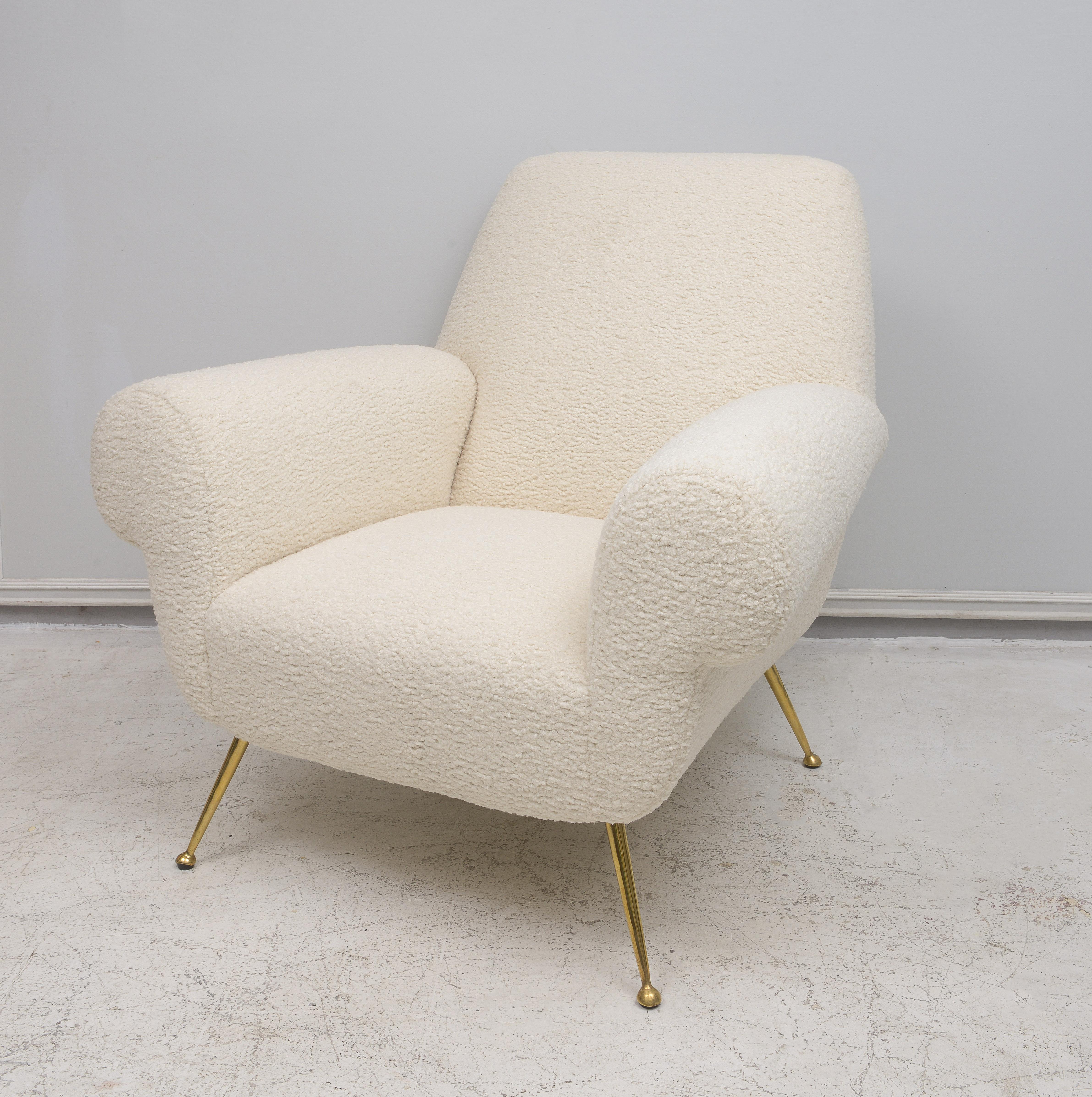 Pair of Italian-Mid-Century Lounge Chairs Upholstered in Boucle For Sale 2