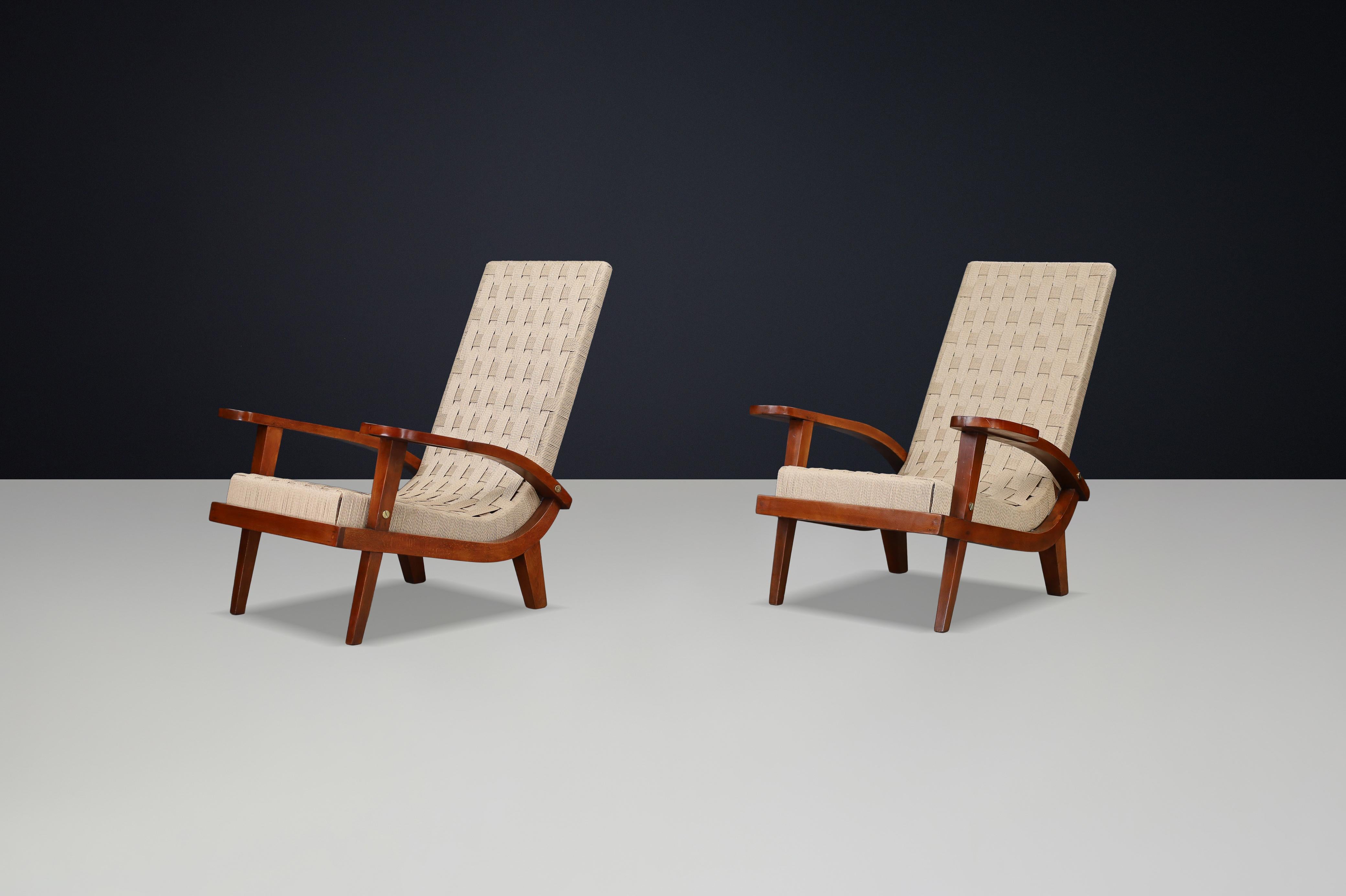 italien Pair of Italian Mid-Century Lounge Chairs with Webbing, Italy, 1940s en vente