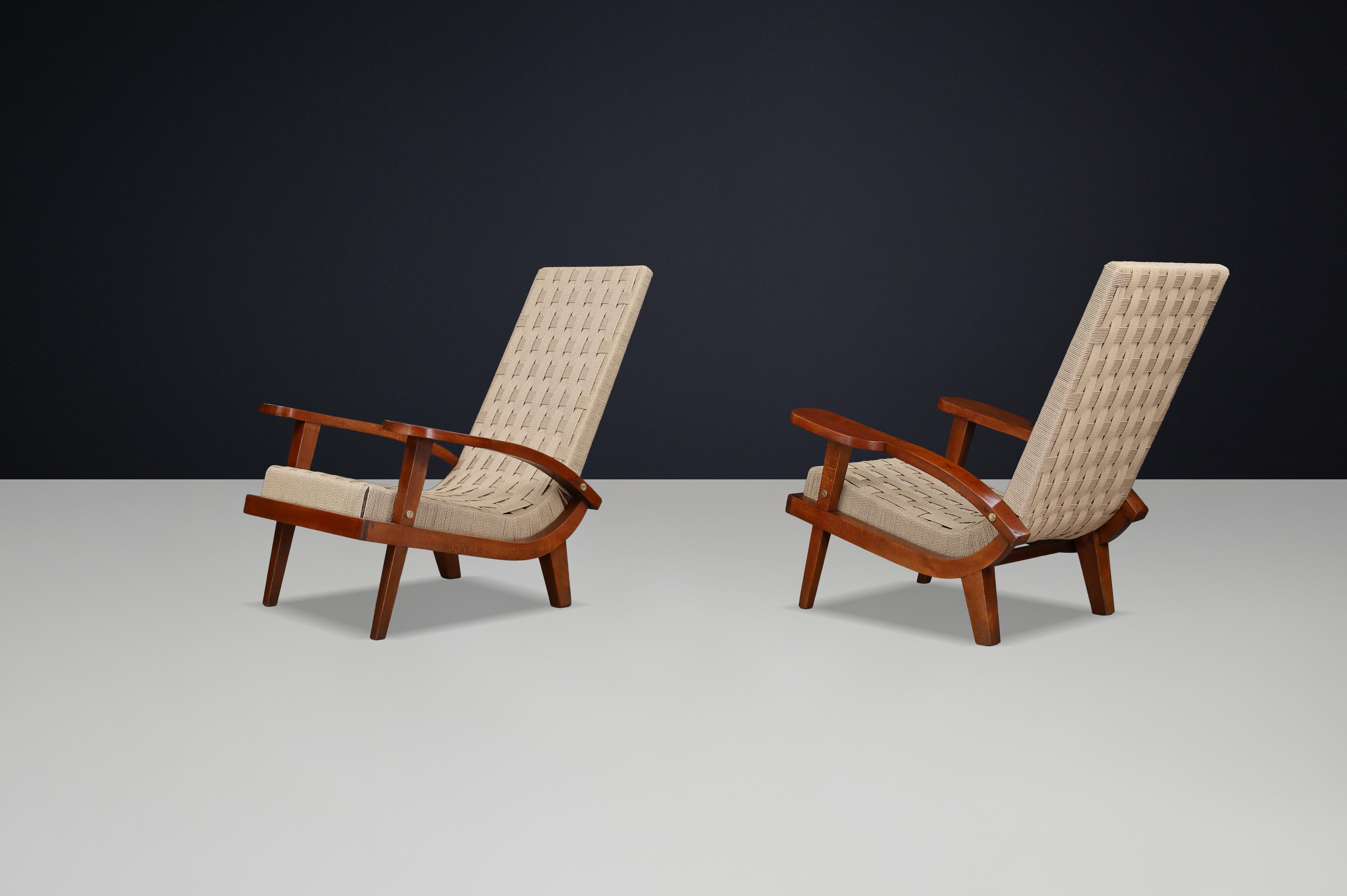 20ième siècle Pair of Italian Mid-Century Lounge Chairs with Webbing, Italy, 1940s en vente