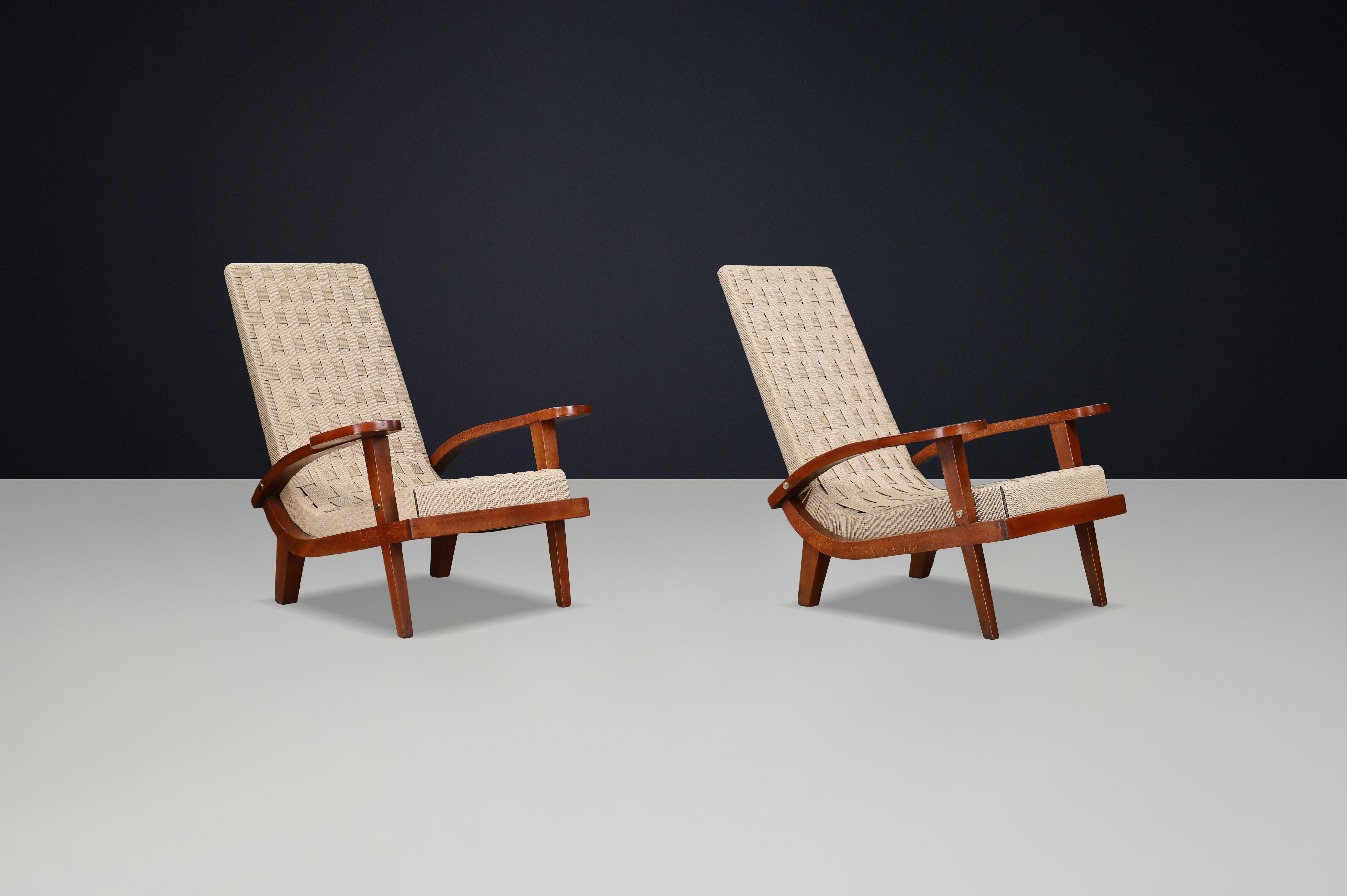 Corde Pair of Italian Mid-Century Lounge Chairs with Webbing, Italy, 1940s en vente