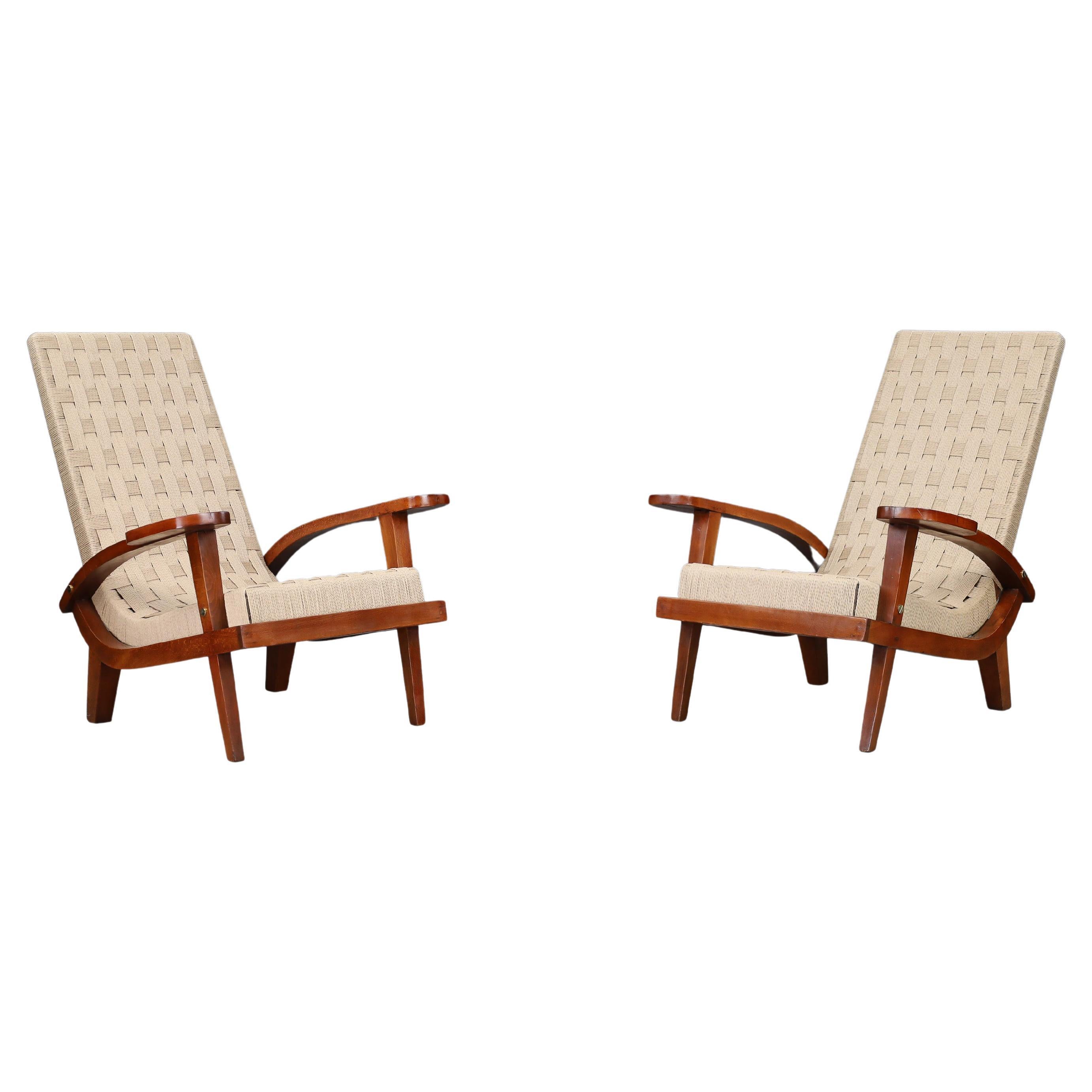 Pair of Italian Mid-Century Lounge Chairs with Webbing, Italy, 1940s