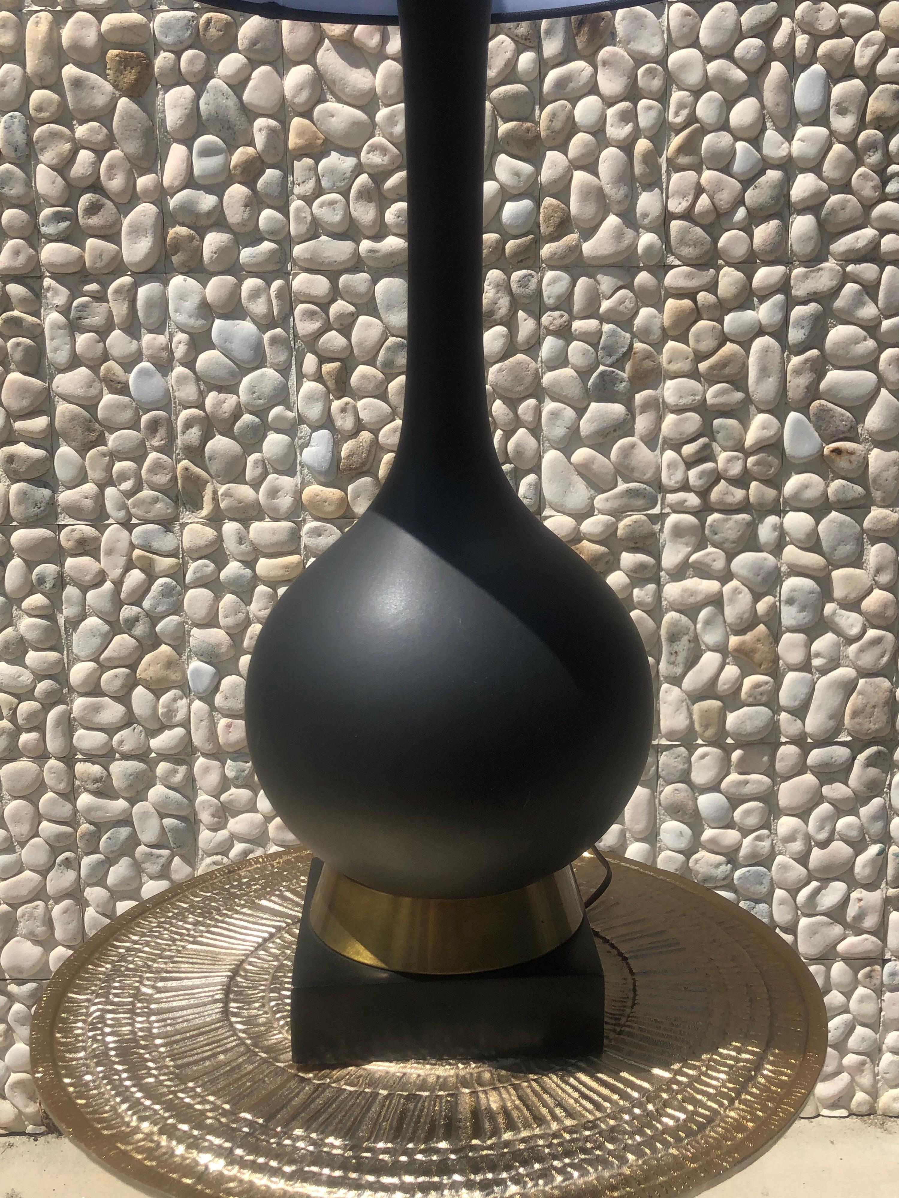 Molded Pair of Italian Midcentury Matte Black Ceramic and Brass Lamps