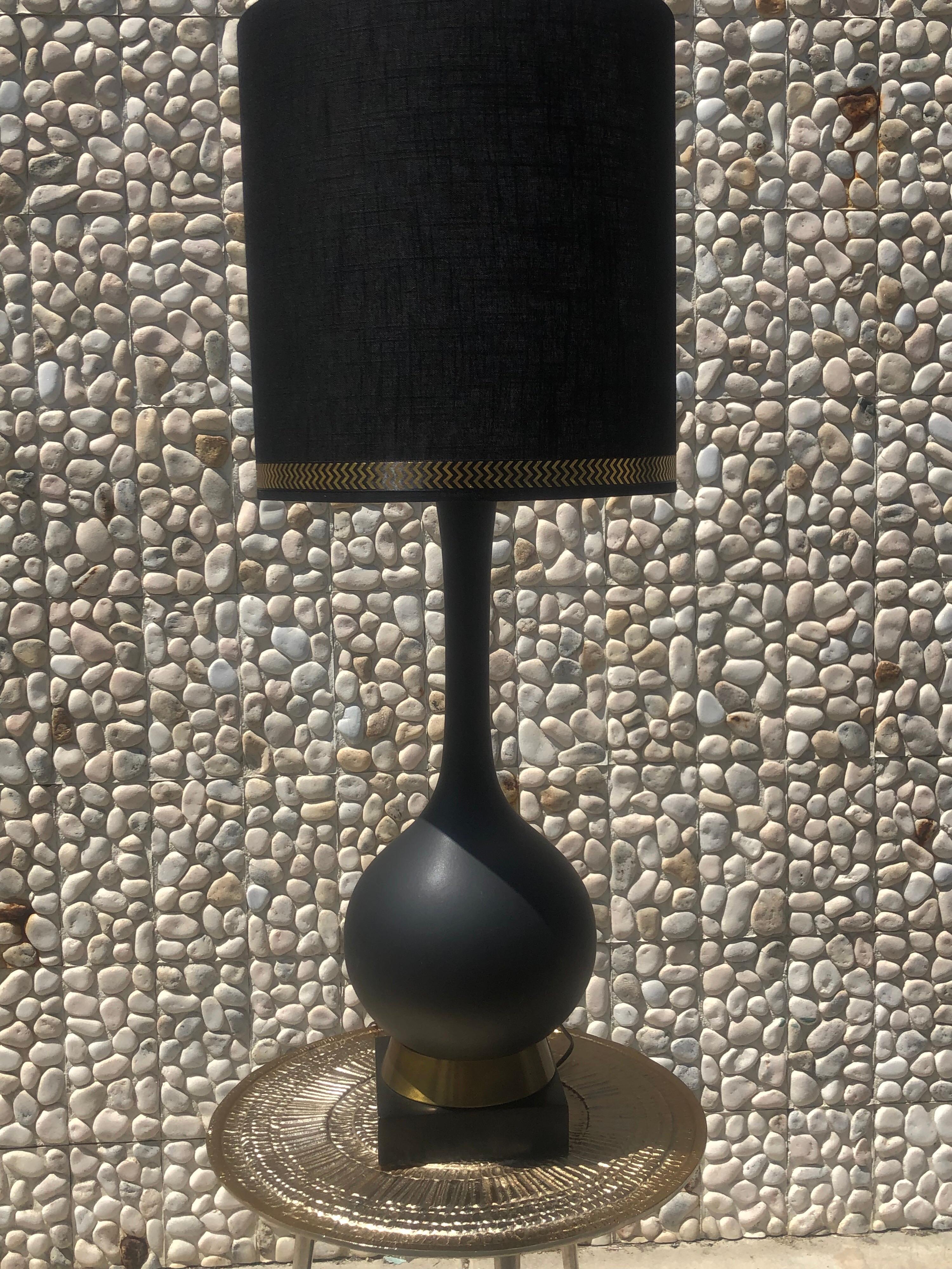 Pair of Italian Midcentury Matte Black Ceramic and Brass Lamps In Fair Condition In Palm Springs, CA