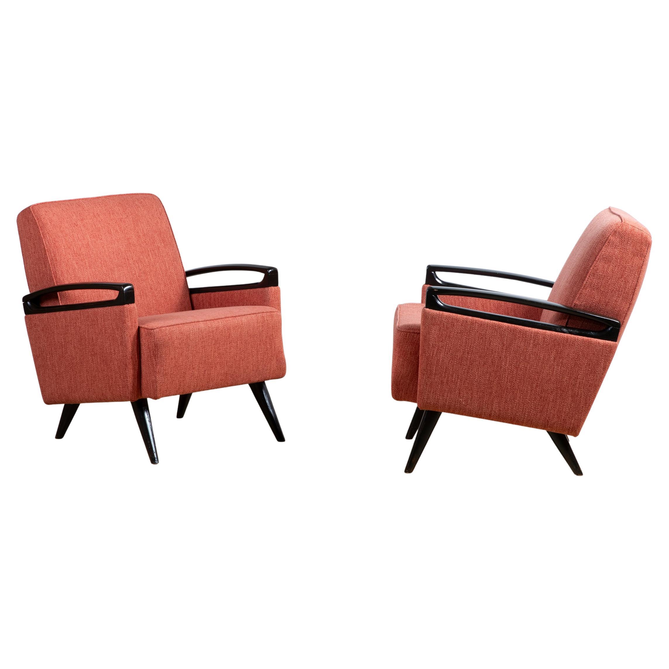 Pair of Italian Mid-Century Modern Armchairs in Black Lacquered Wood, 1950s