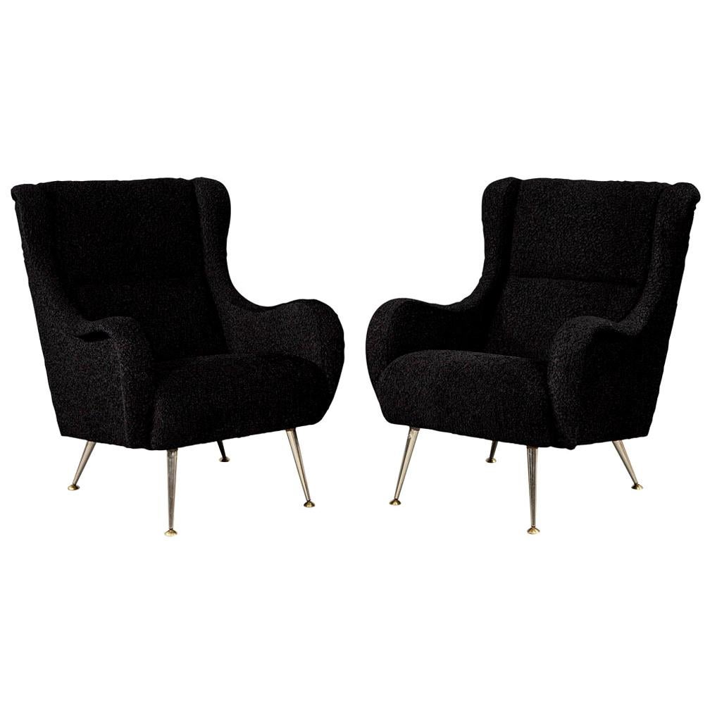 Pair of Italian Mid-Century Modern Black Lounge Chairs in the Style of Zanuso