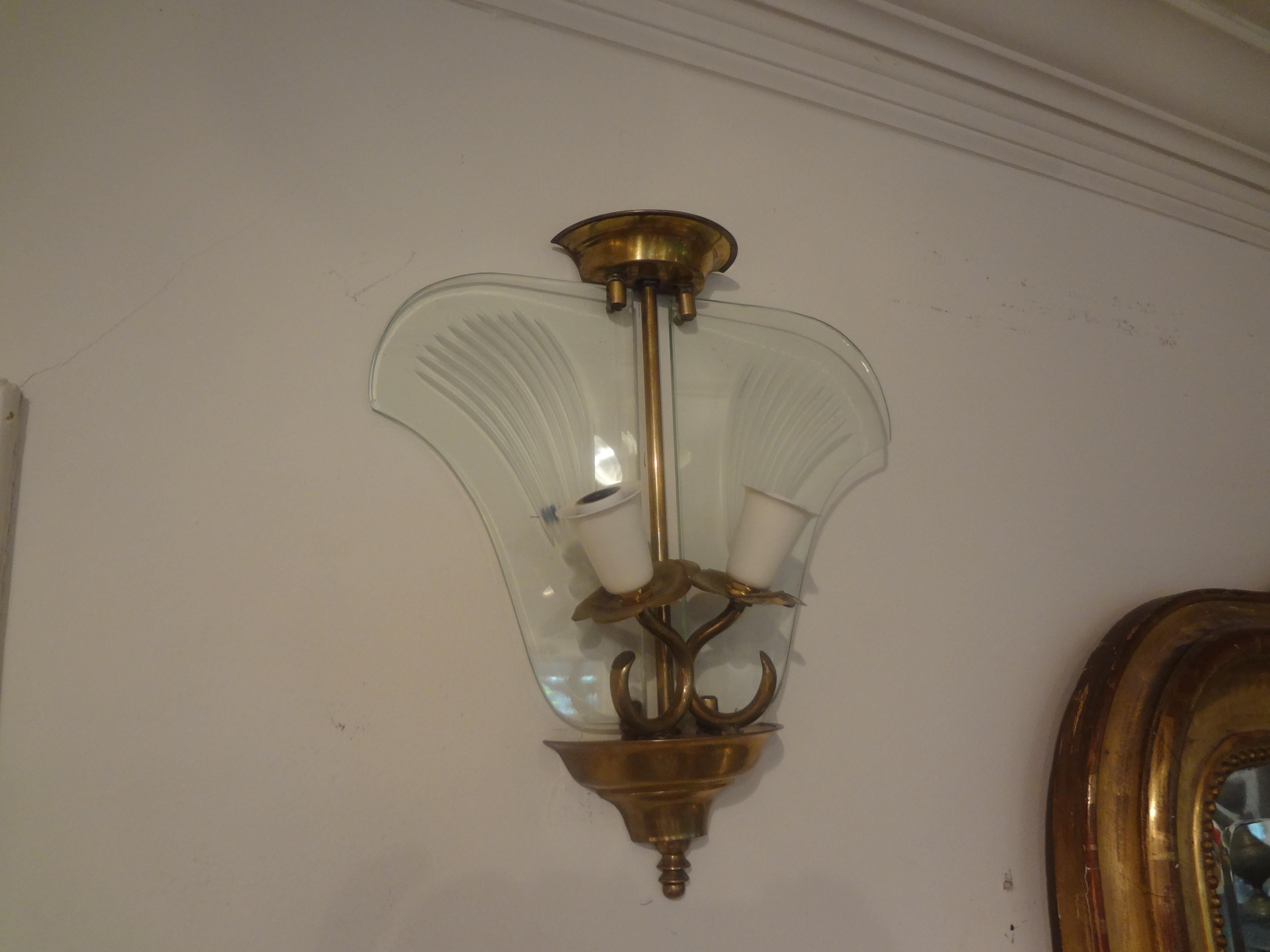 Pair of Italian Fontana Arte Style Brass and Etched Glass Sconces For Sale 5