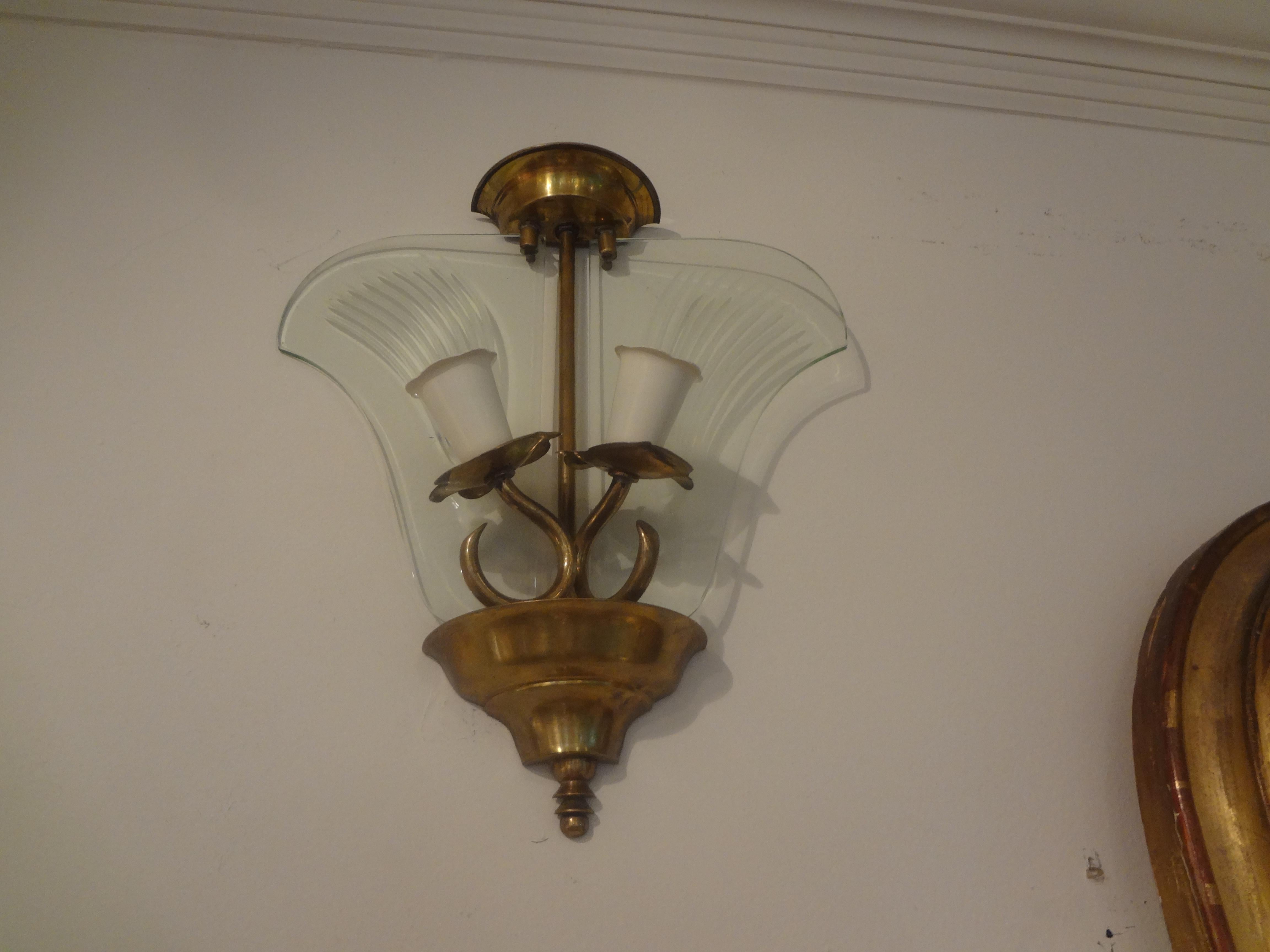 Pair of Italian Fontana Arte Style Brass and Etched Glass Sconces In Good Condition For Sale In Houston, TX