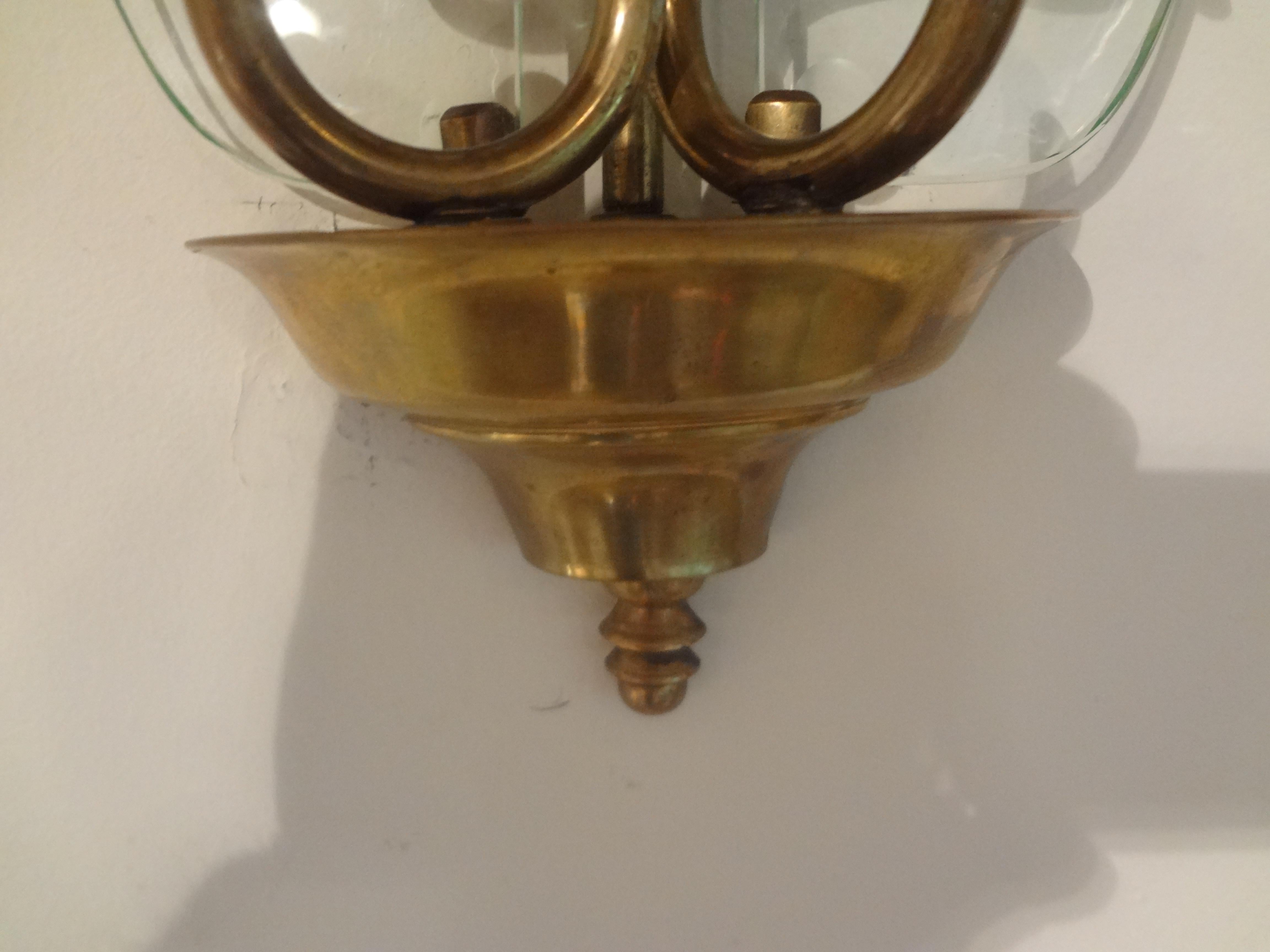 Pair of Italian Fontana Arte Style Brass and Etched Glass Sconces For Sale 1
