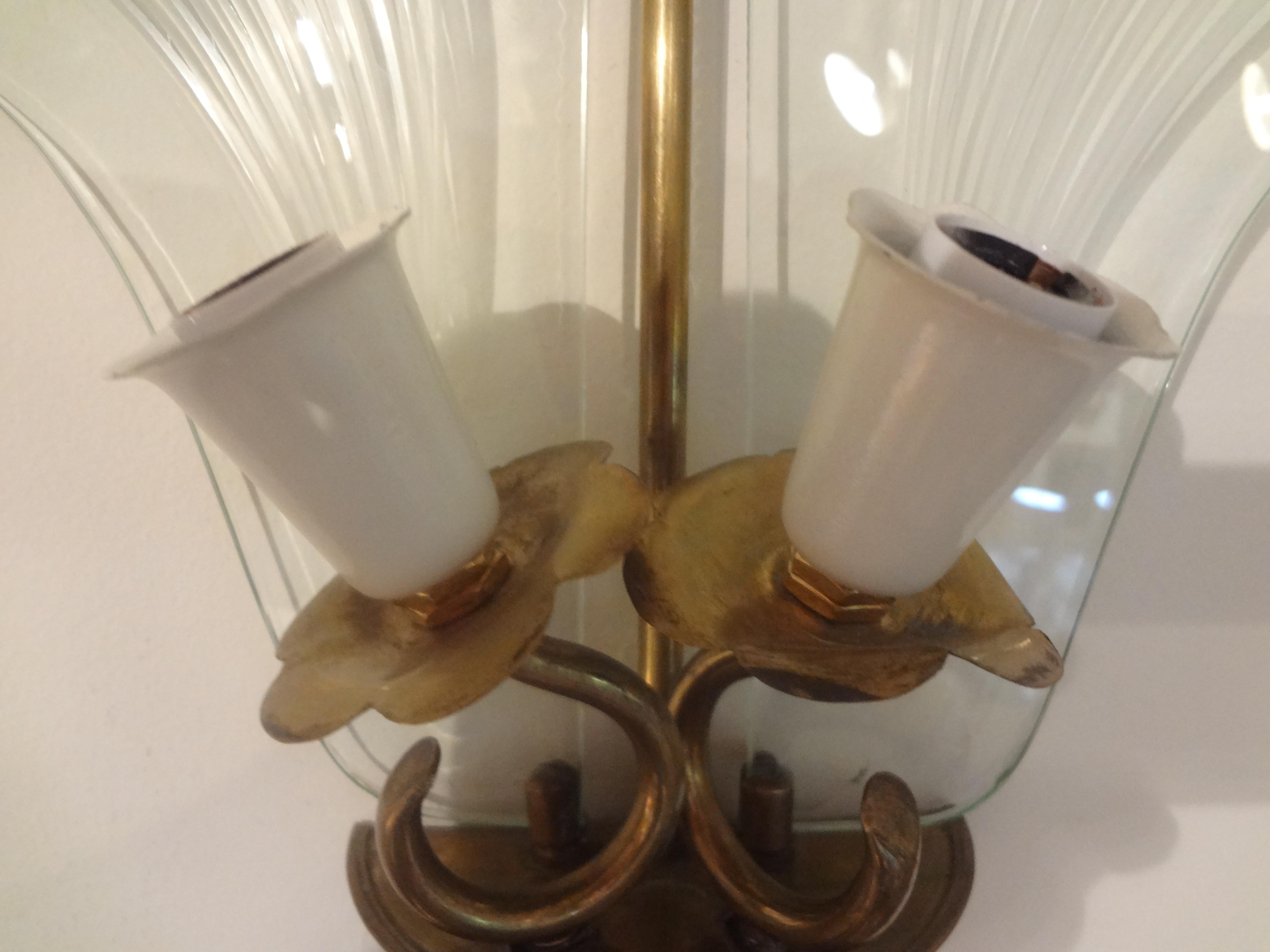 Pair of Italian Fontana Arte Style Brass and Etched Glass Sconces For Sale 2