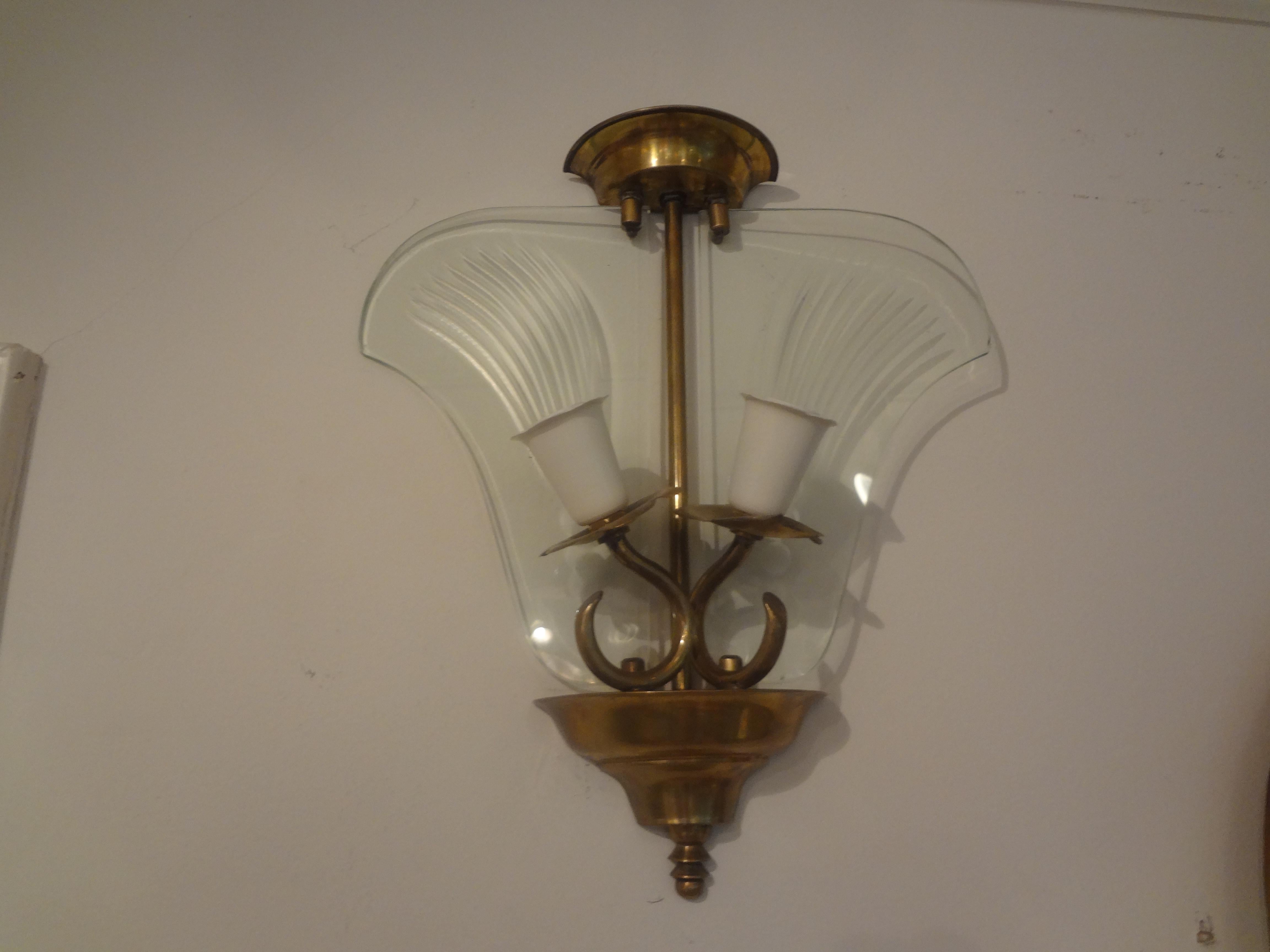 Pair of Italian Fontana Arte Style Brass and Etched Glass Sconces For Sale 4
