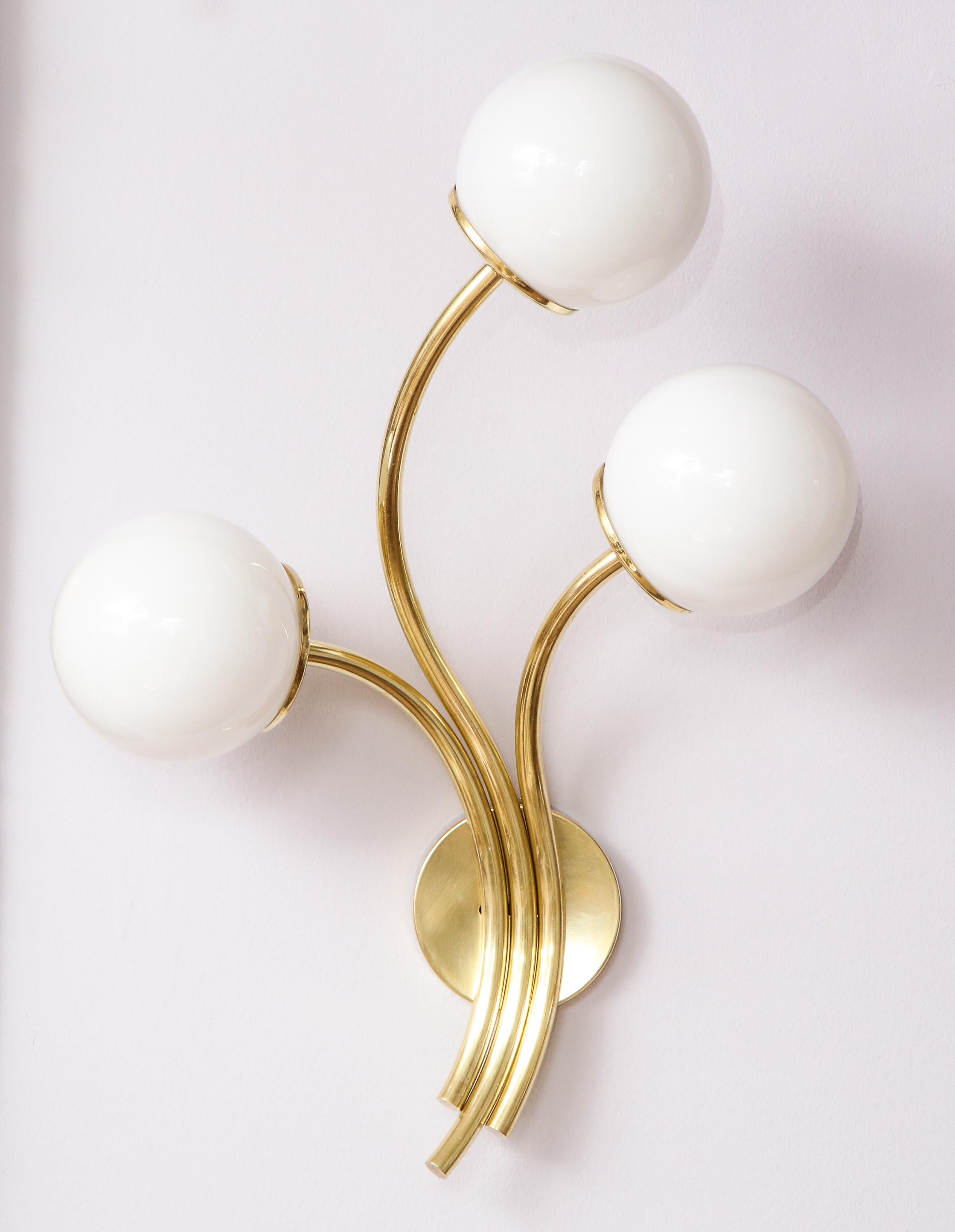 Mid-Century Modern Pair of Italian Brass and Opaline Glass Sconces