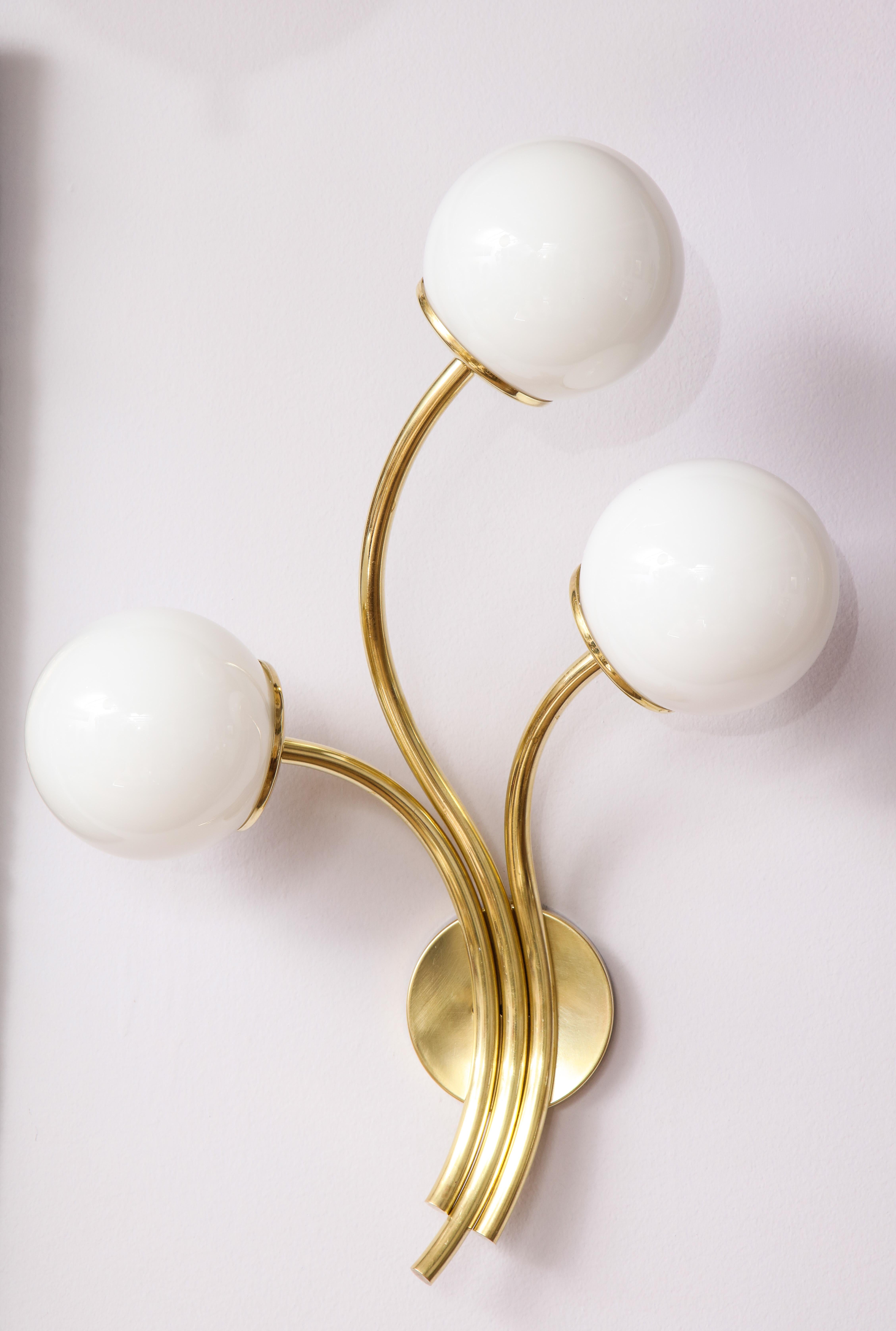 Pair of Italian Brass and Opaline Glass Sconces In Excellent Condition In New York, NY