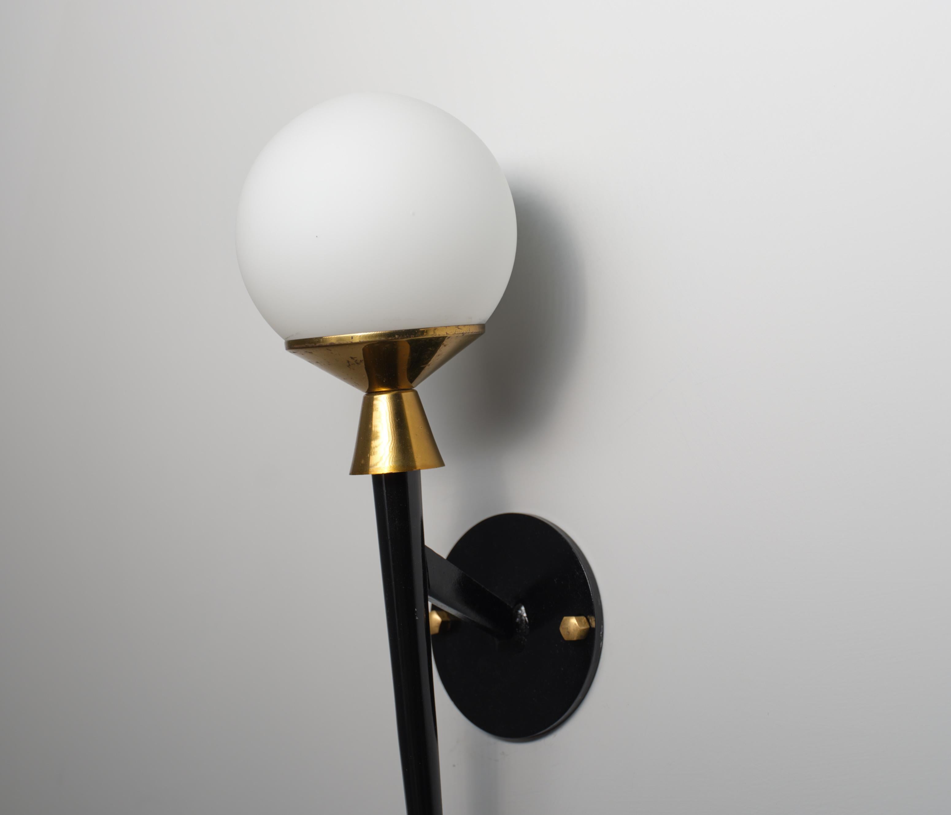 Metal Pair of Italian Mid-Century Modern Brass and Opaline Glass Wall Sconces, 1950s For Sale