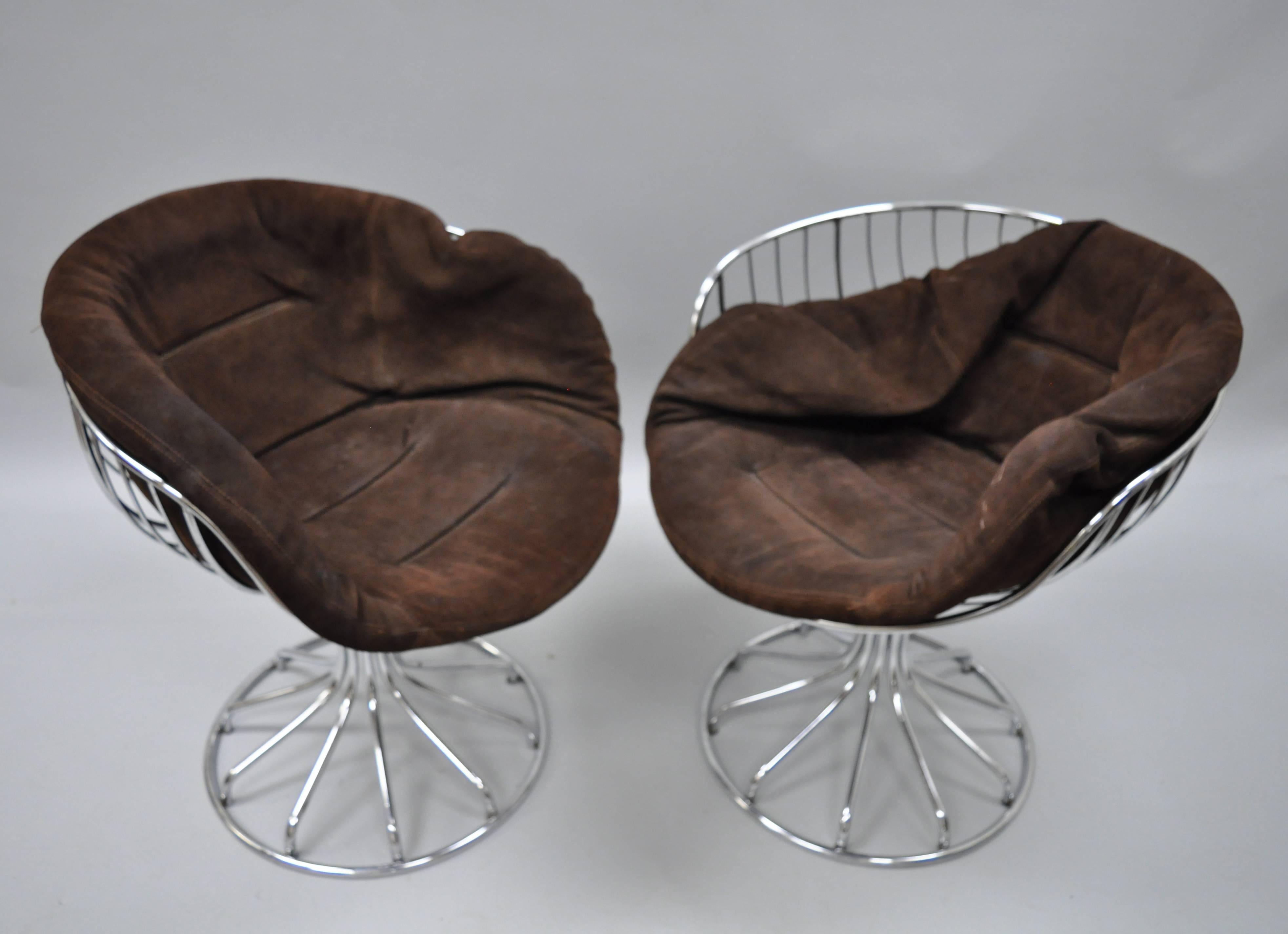 Suede Pair of Italian Mid Century Modern Rima Gastone Rinaldi Chrome Swivel Chairs