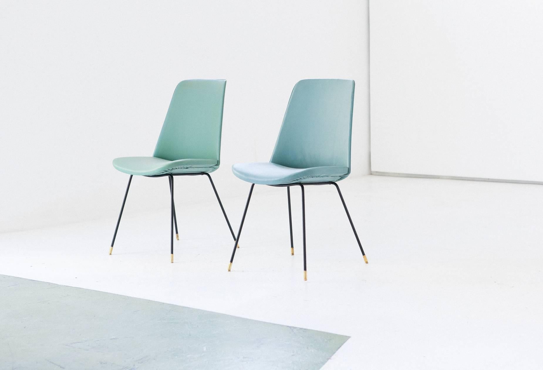 Mid-20th Century Pair of Italian Mid-Century Modern Easy Chairs Iron Brass and Green Skai