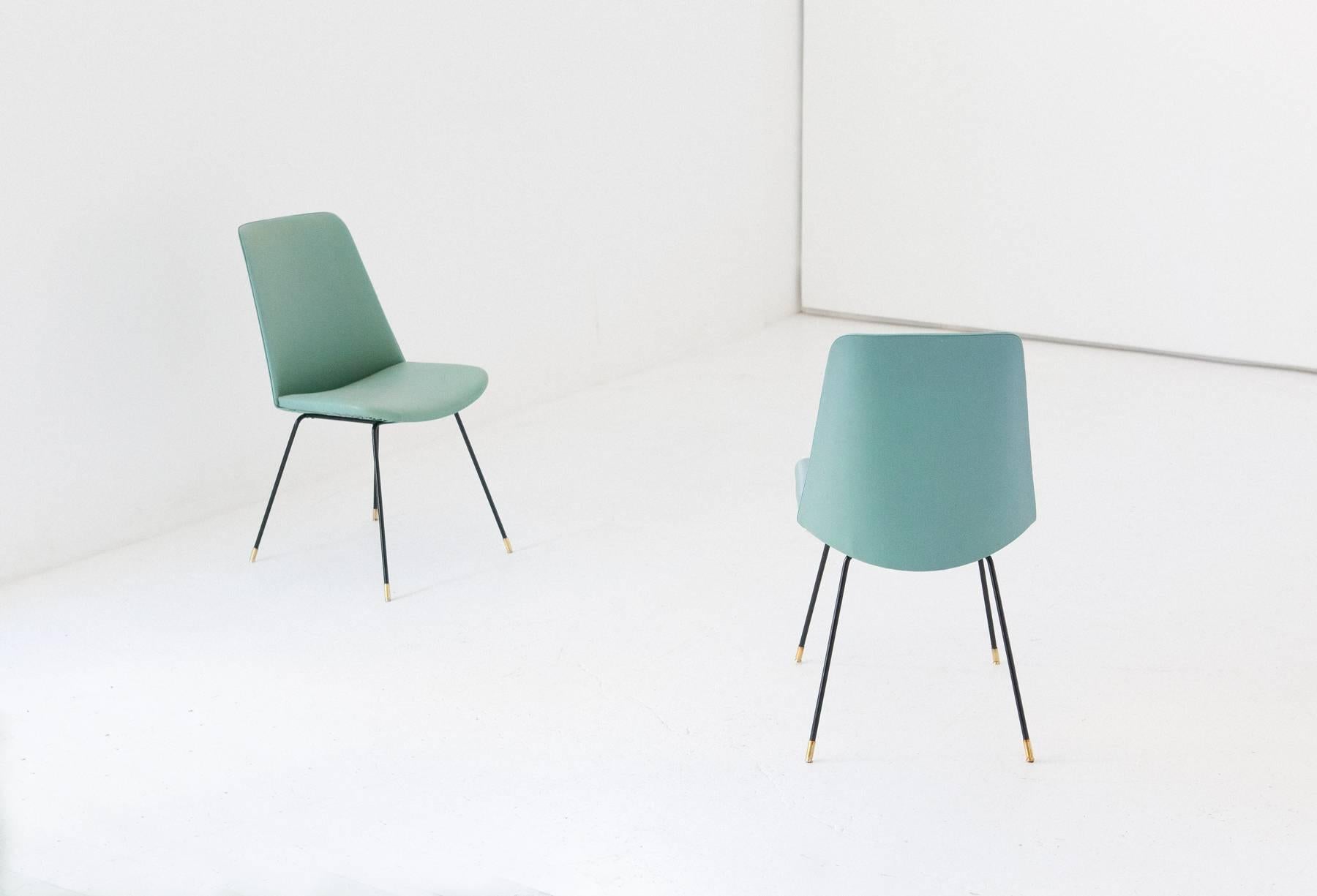 Pair of Italian Mid-Century Modern Easy Chairs Iron Brass and Green Skai 5