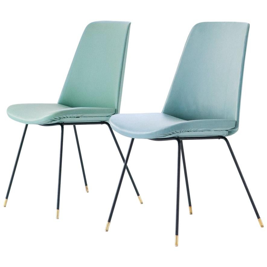 Pair of Italian Mid-Century Modern Easy Chairs Iron Brass and Green Skai